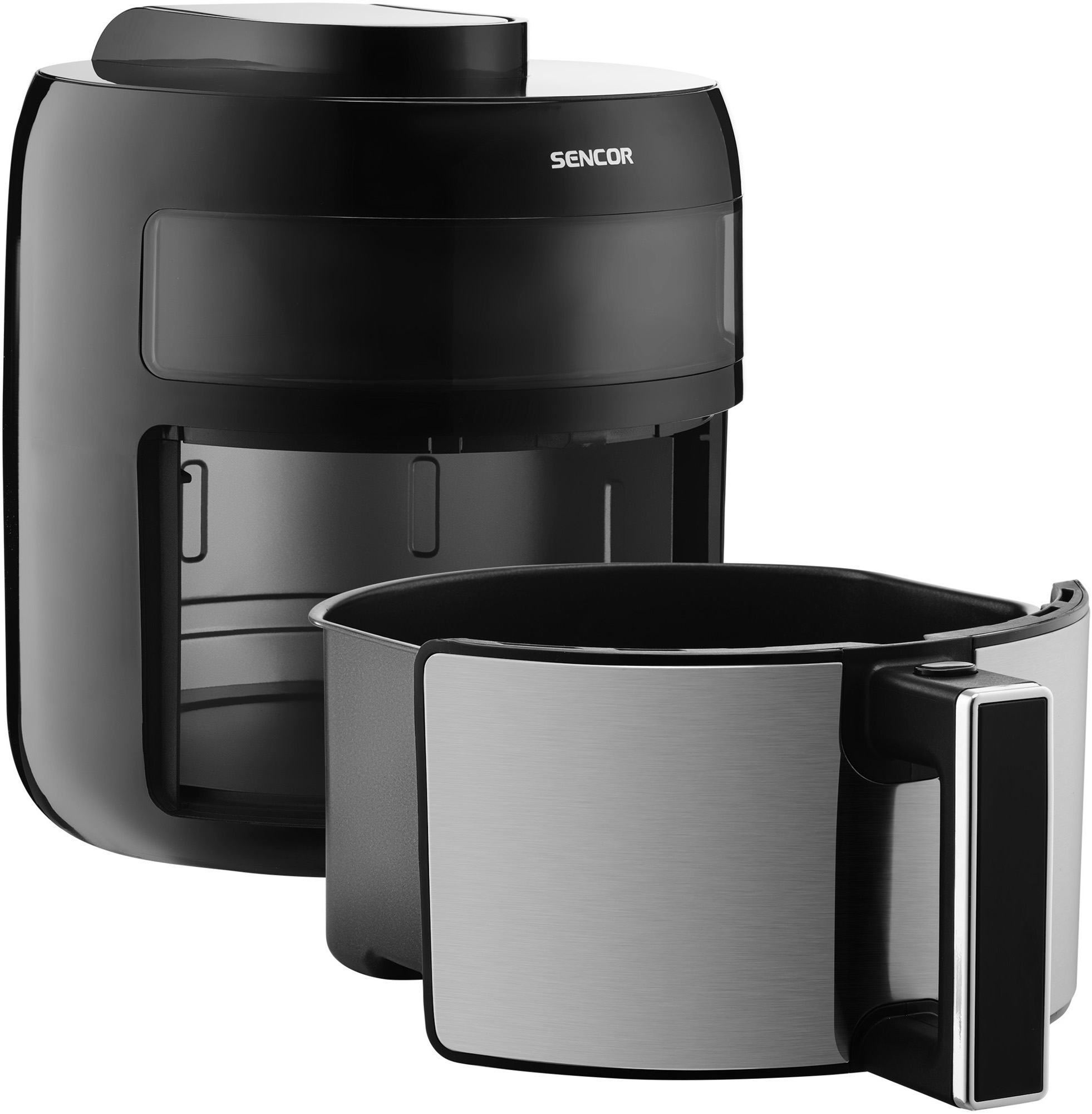 Schwarze Heißluftfritteuse, Korb entfernt, auf weißem Hintergrund. Silberner Korbgiff sichtbar.