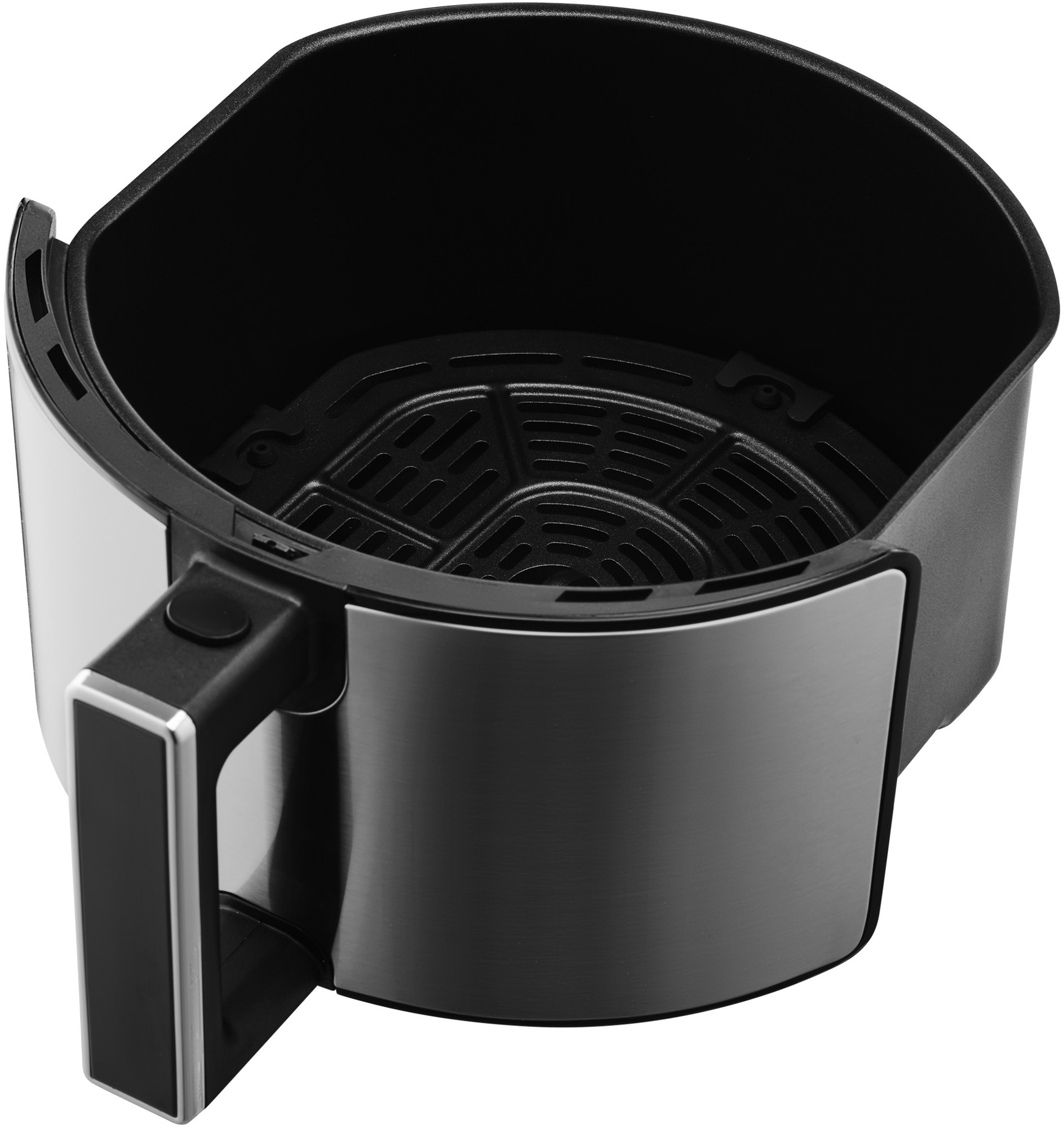 Ein Airfryer-Korb, schwarzes Innere, silbernes Äußere und ein Griff.
