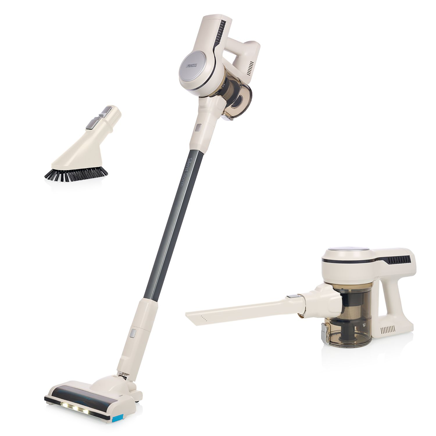 Aspirapolvere bianco e crema con accessori su una superficie bianca.