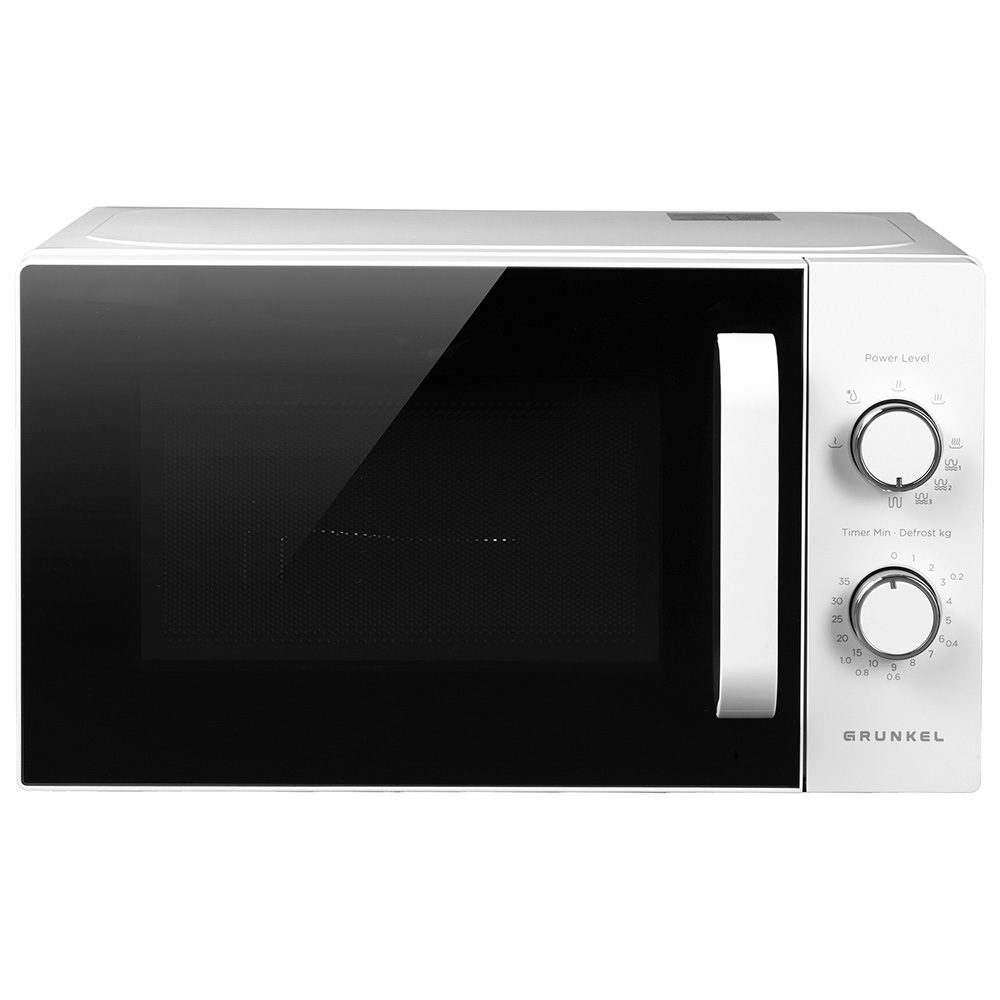 Forno a microonde bianco con porta nera e pannello di controllo a destra.