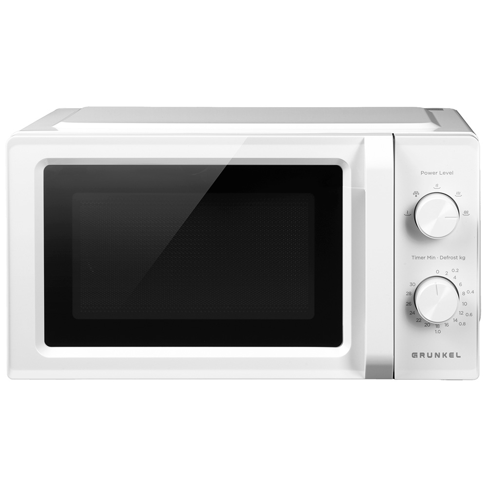 Forno a microonde bianco con porta a vetro e pannello di controllo a destra.