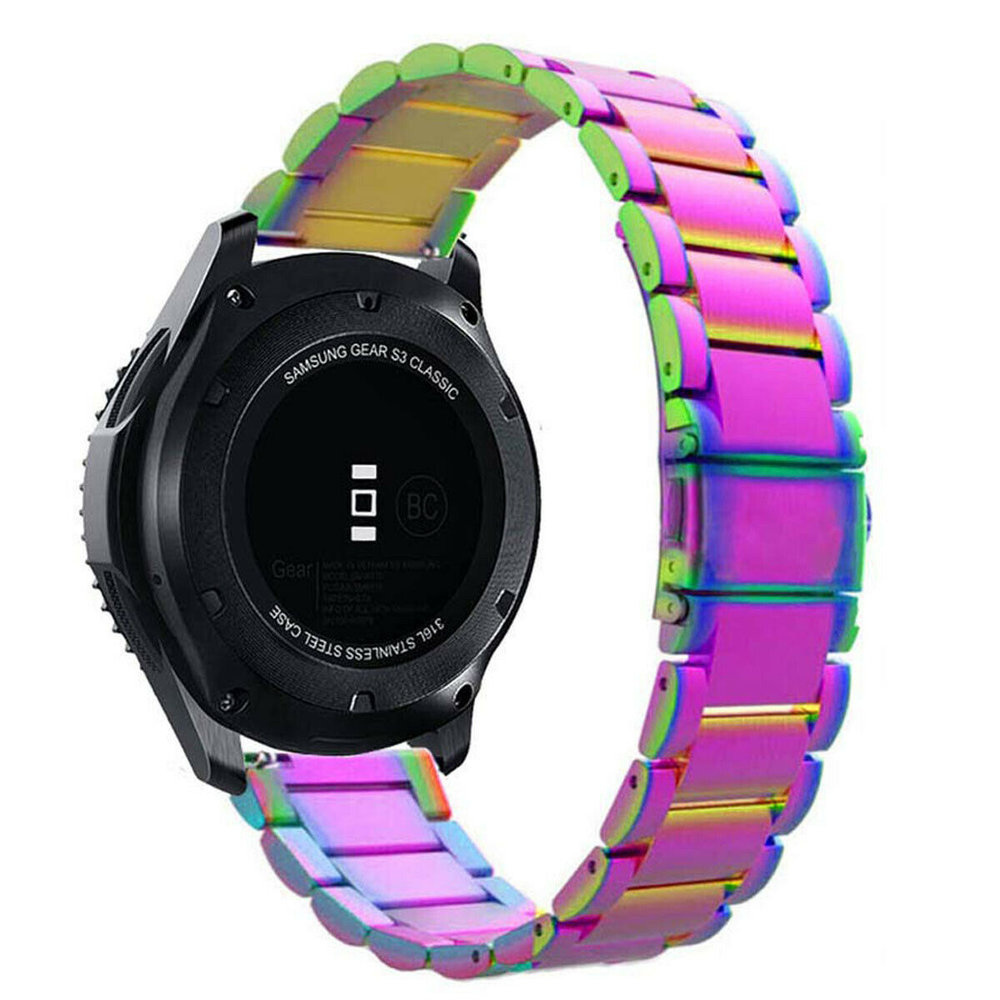 Schwarze Samsung-Uhr mit farbenfrohem, schillerndem Metallband.