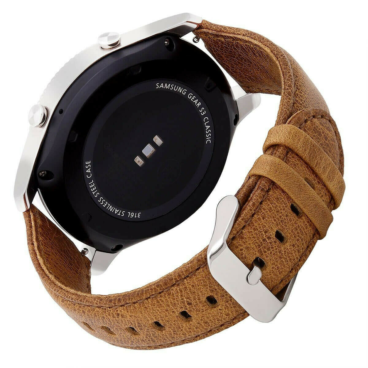Eine Smartwatch mit braunem Lederarmband. Die Rückseite der Uhr ist sichtbar, silberne Kanten.