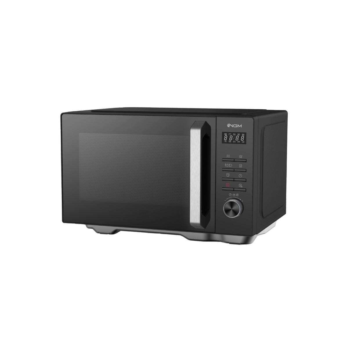 Un horno microondas negro con pantalla digital y panel de control.