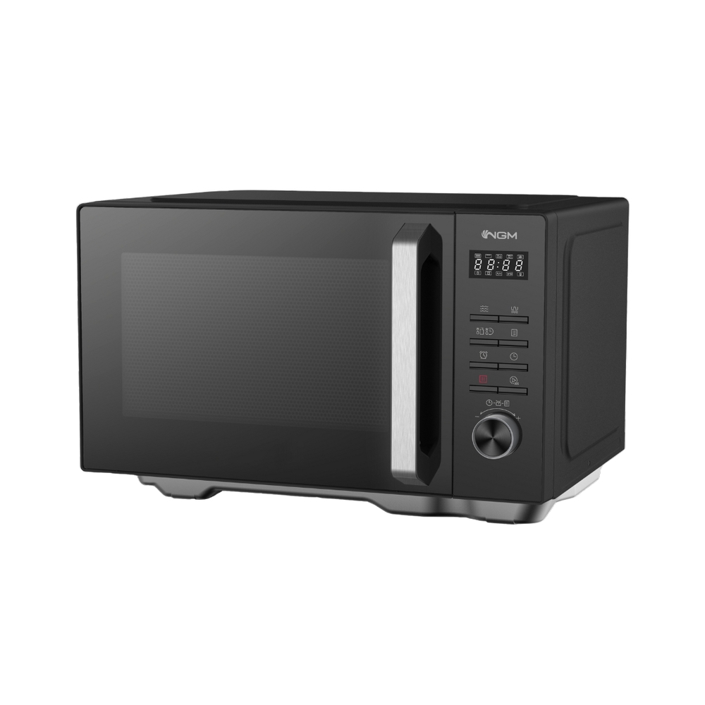 Horno microondas negro con pantalla digital y panel de control, un electrodoméstico moderno.