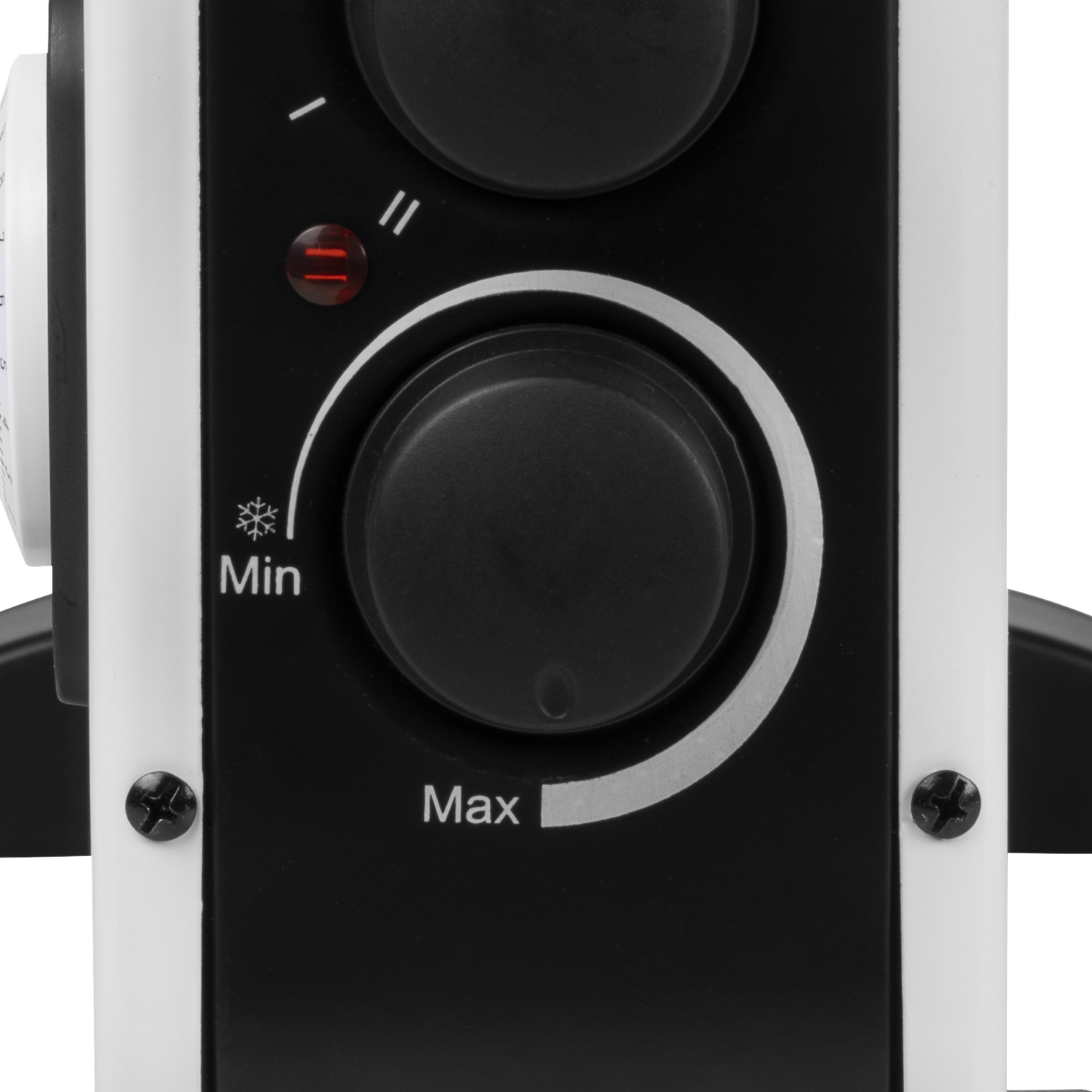 Czarno-biały panel sterowania ogrzewaniem z pokrętłami i etykietami.