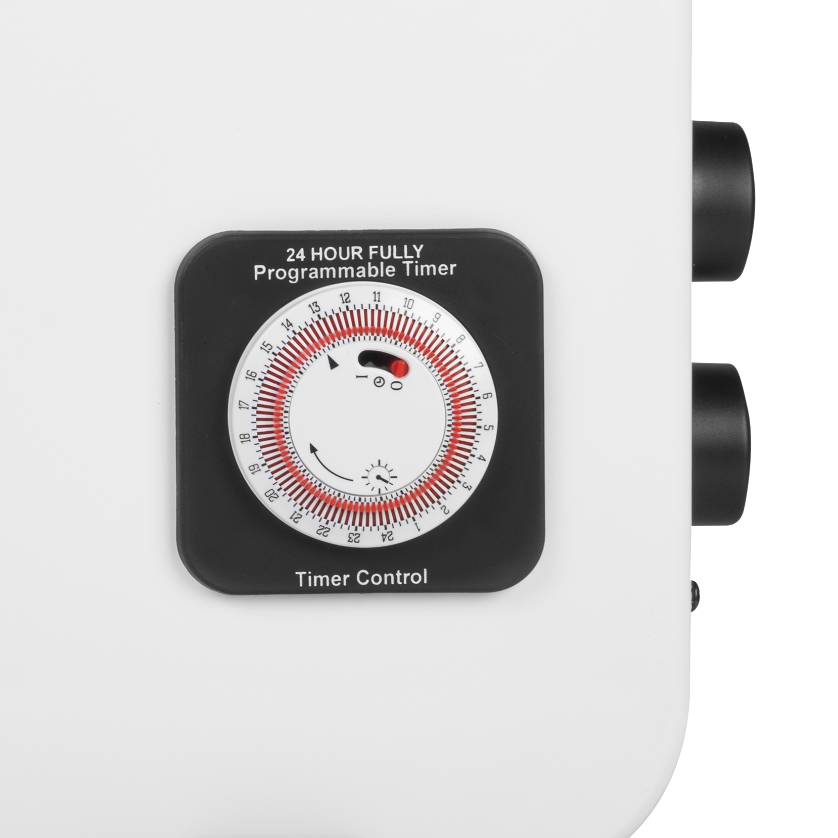 Panel sterowania timerem. Czarny kwadrat z czerwonymi i białymi detalami. Białe tło.