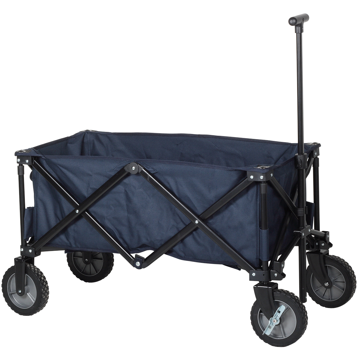 Ein dunkelblauer faltbarer Wagen mit schwarzem Metallrahmen und vier Rädern.
