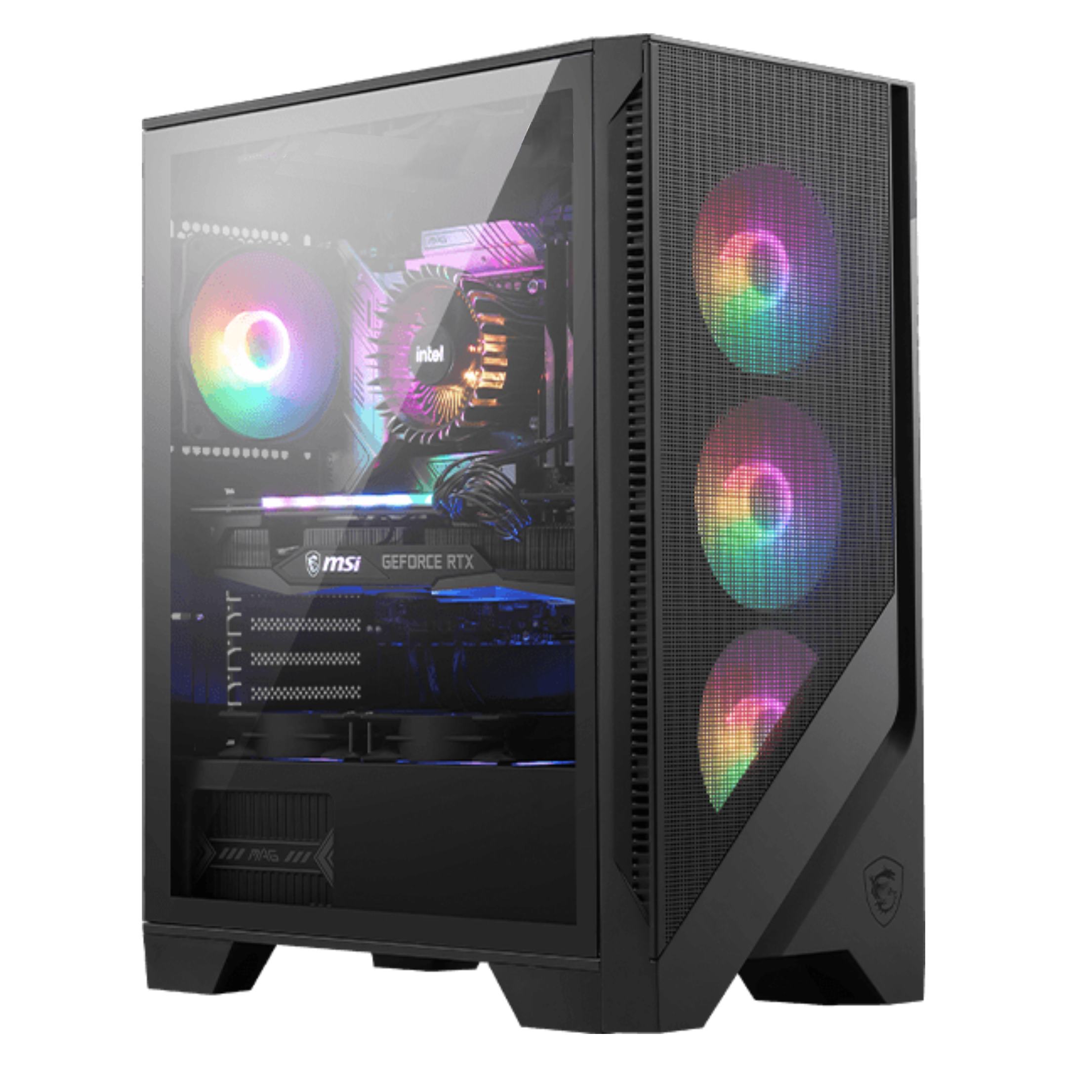 Caja de PC para juegos con panel lateral transparente, mostrando componentes internos con luces RGB.