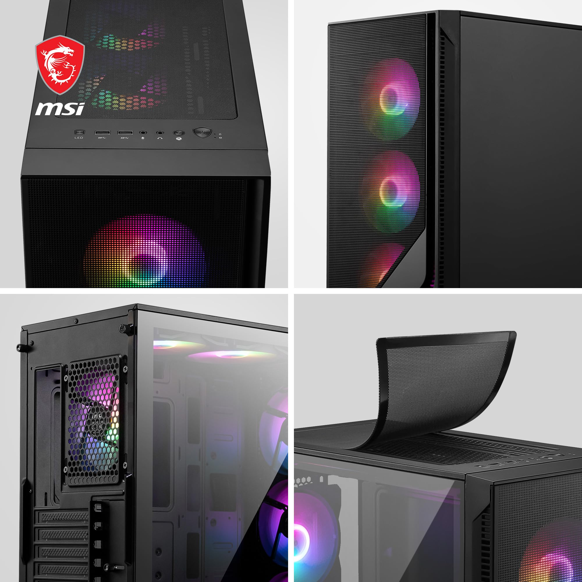 Cuatro vistas de una caja de ordenador negra con luces coloridas.