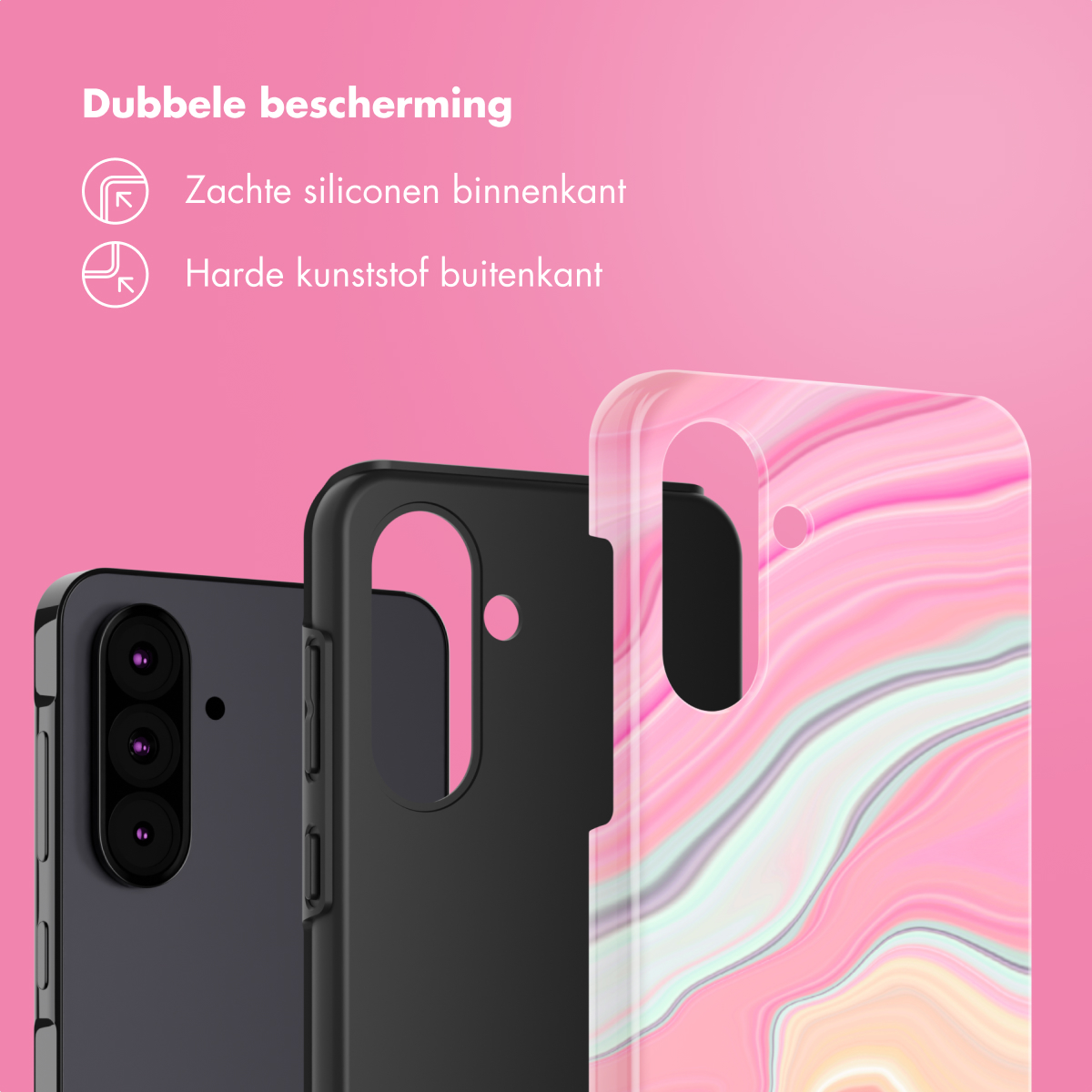Tre custodie per telefono: nera, nera e una custodia rosa con motivo marmoreo, per una doppia protezione.