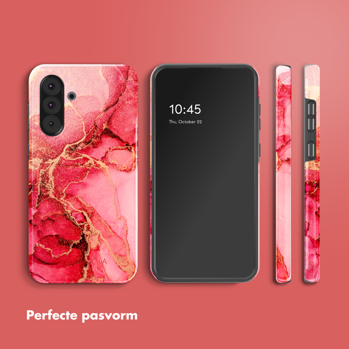 Telefono e custodia con design a marmo rosa e oro. Il telefono mostra le 10:45.