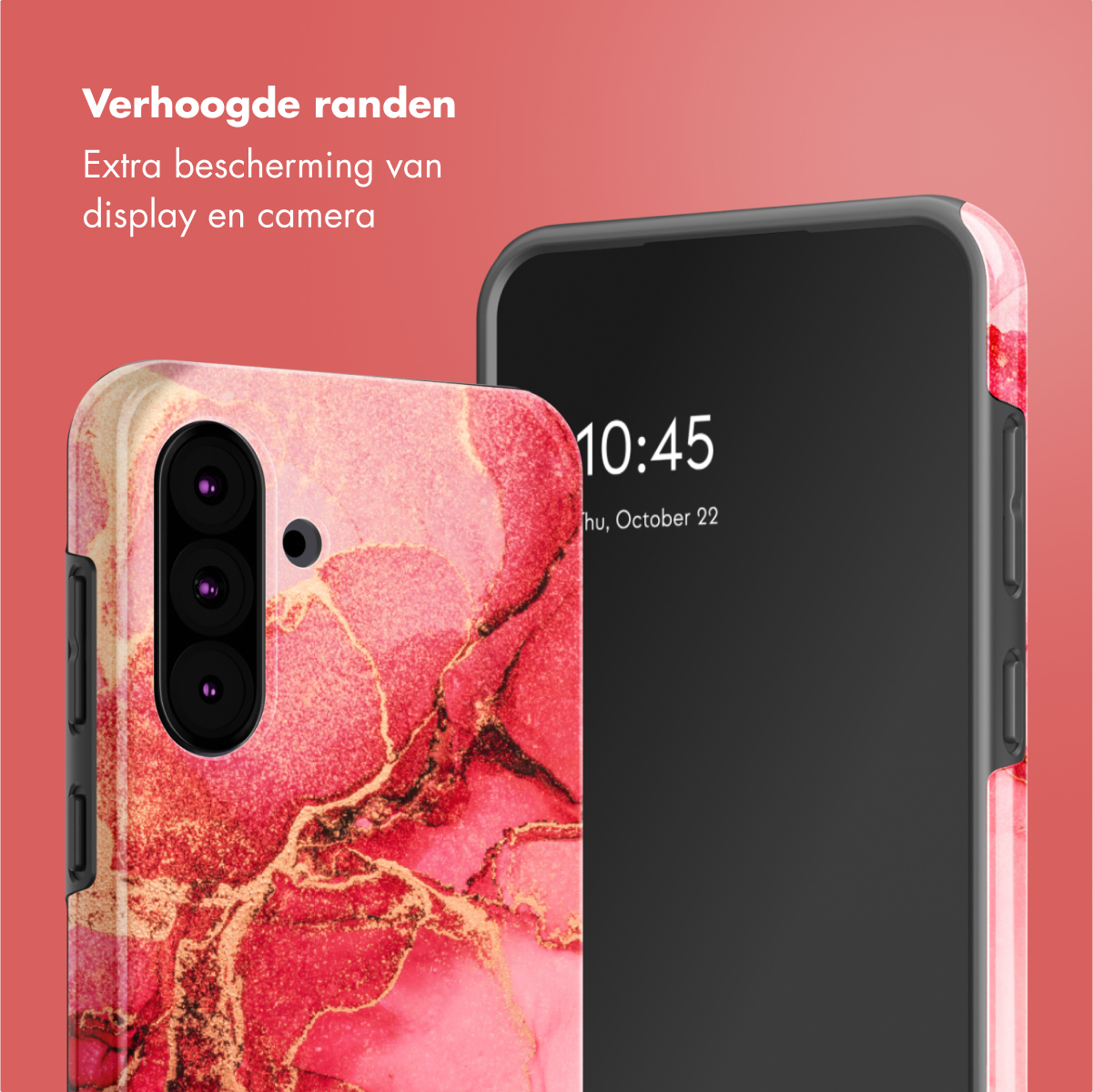 Telefono con custodia rossa e oro. Lo schermo mostra l'ora. Testo: 'Protezione extra'.