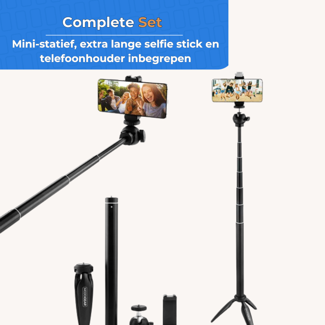A selfie stick with a phone and a tripod. White background.