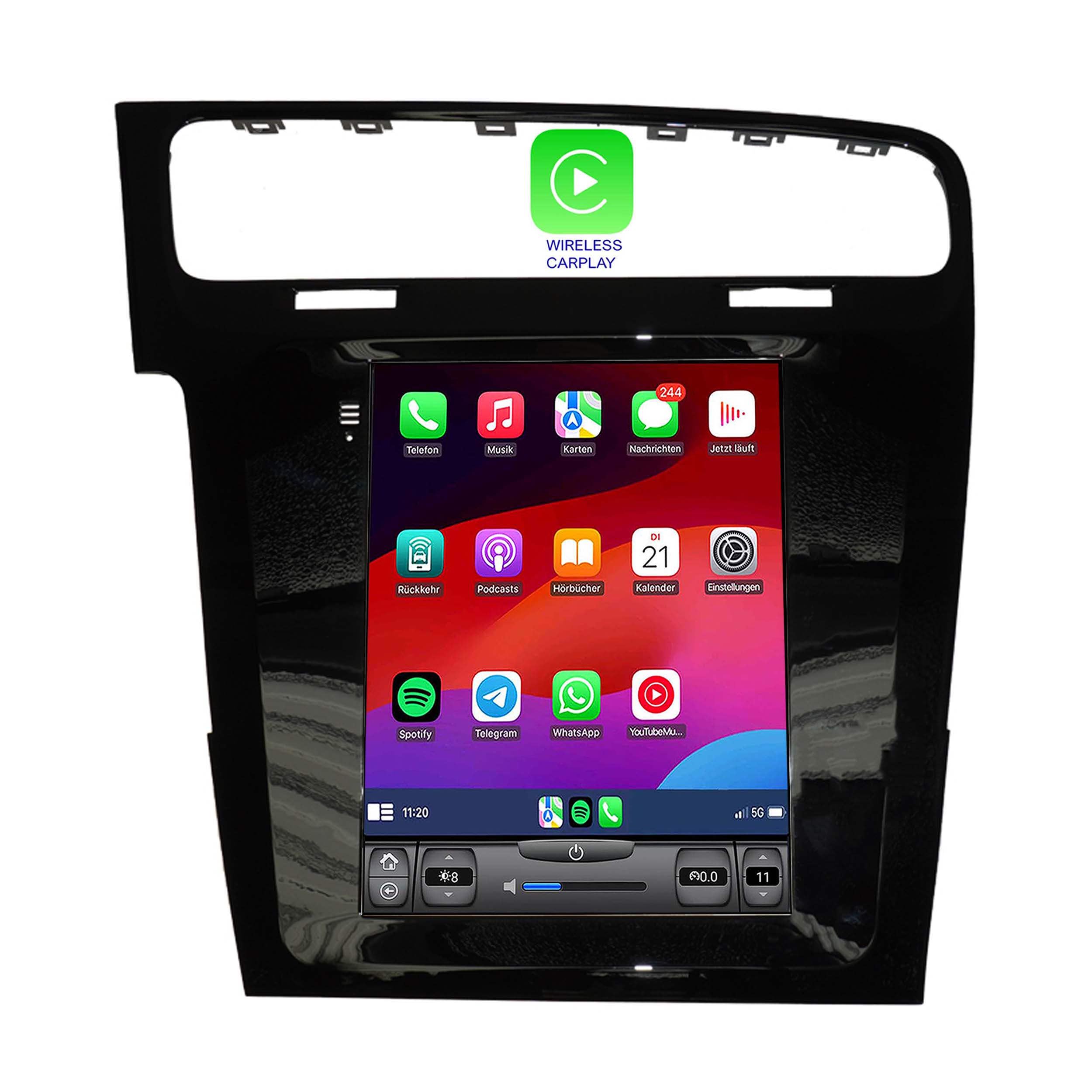 Autobildschirm mit moderner Benutzeroberfläche, Apps und grünem Wireless CarPlay-Logo.