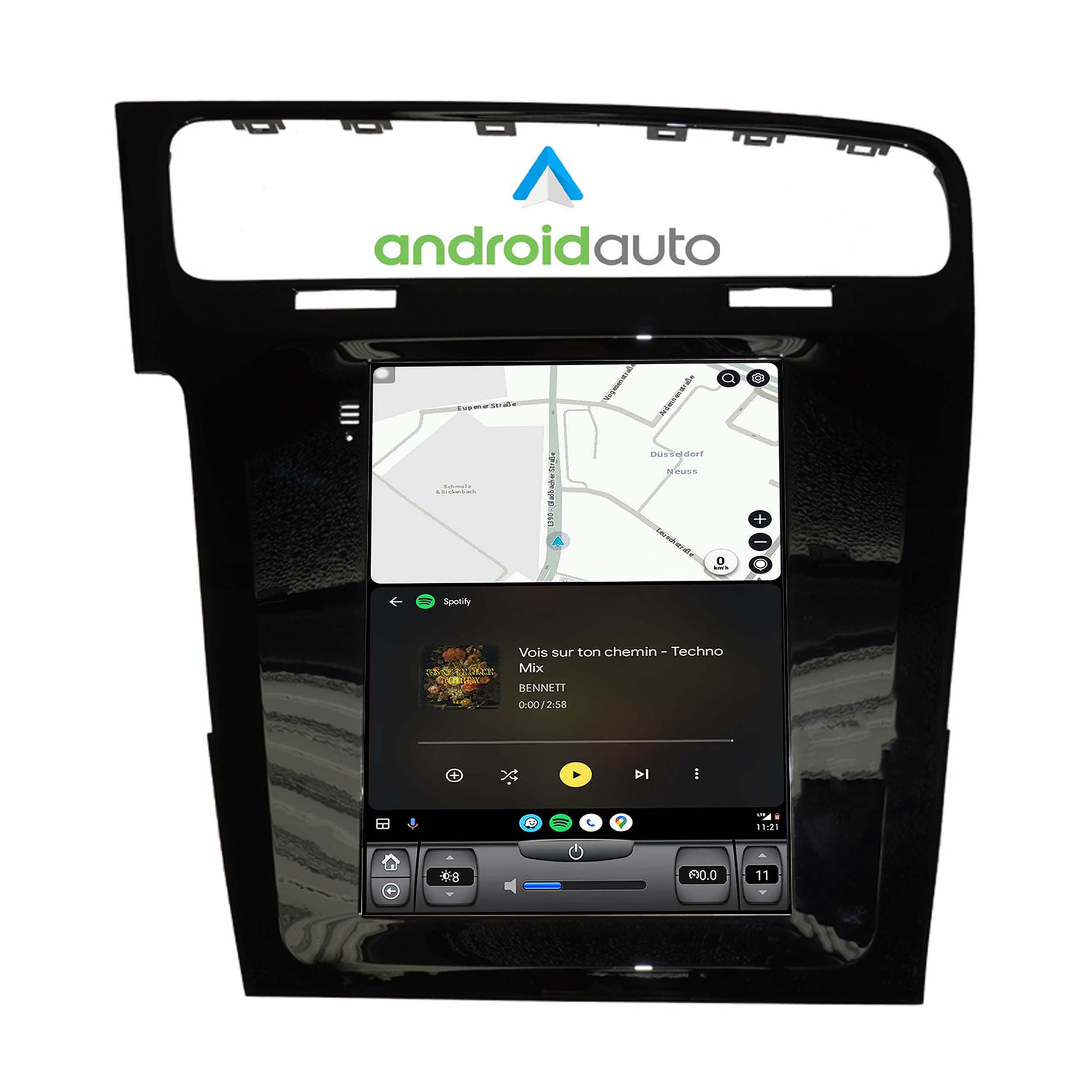 Bildschirm eines Auto-Multimedia-Systems mit Karte und Musiksteuerung, mit Android Auto-Logo.