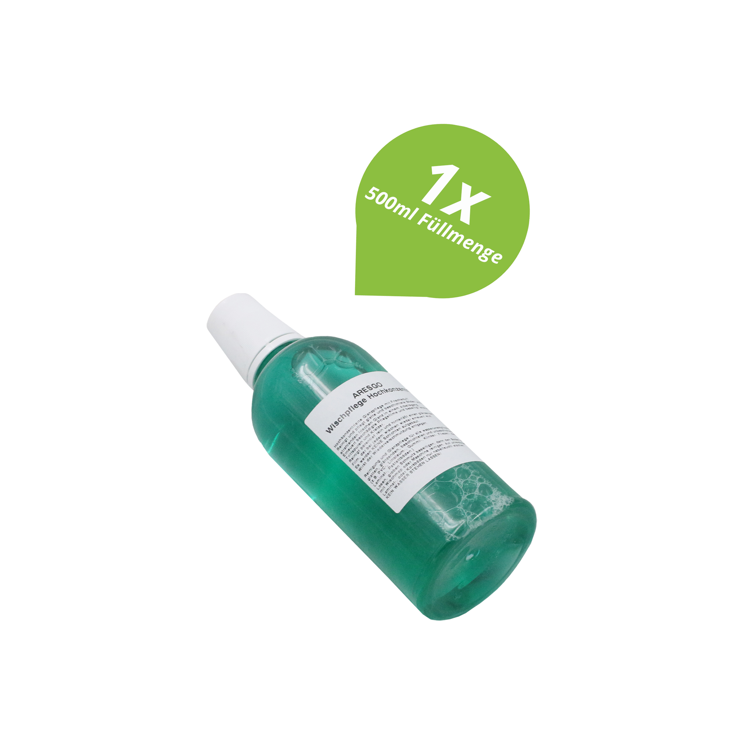 Eine grüne Flüssigkeitsflasche mit weißem Deckel, einem grünen Etikett mit 500 ml, auf weißem Hintergrund.
