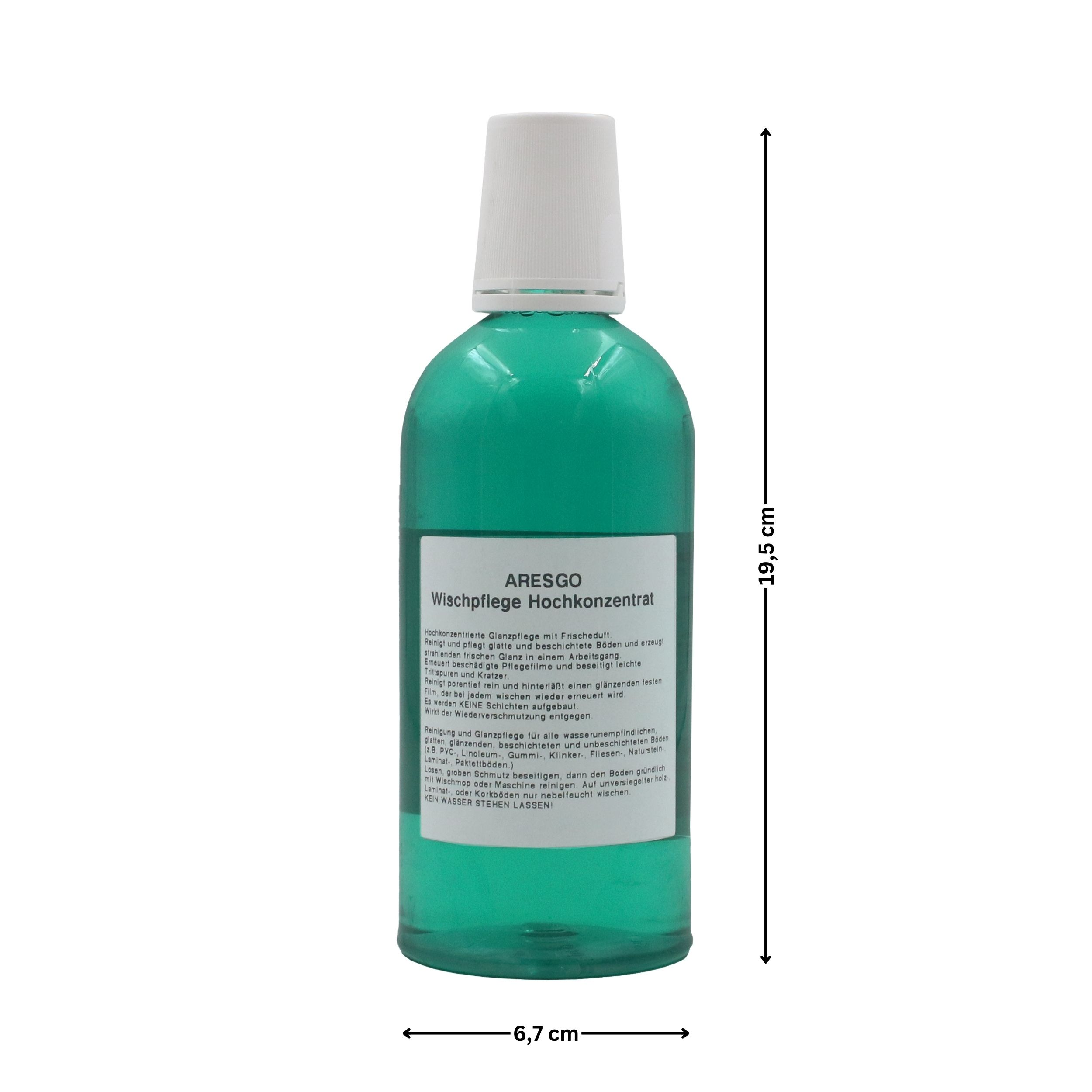 Eine Flasche grüne Flüssigkeit mit weißem Deckel. Es hat ein Etikett mit Text und einem schwarzen Pfeil.