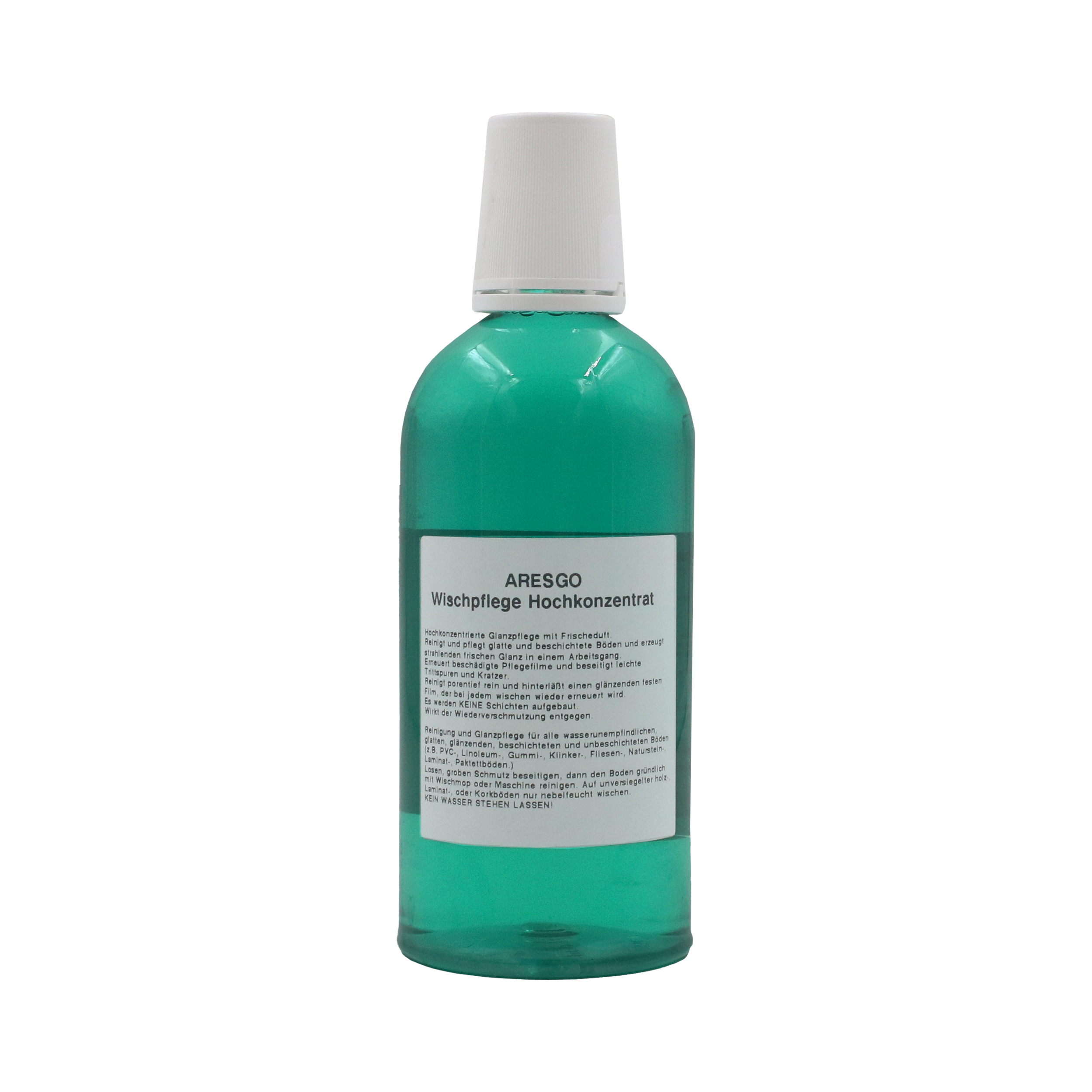 Grüne Flüssigkeit in einer Flasche mit weißem Deckel und Etikett. Text: Wischpflege Hochkonzentrat.