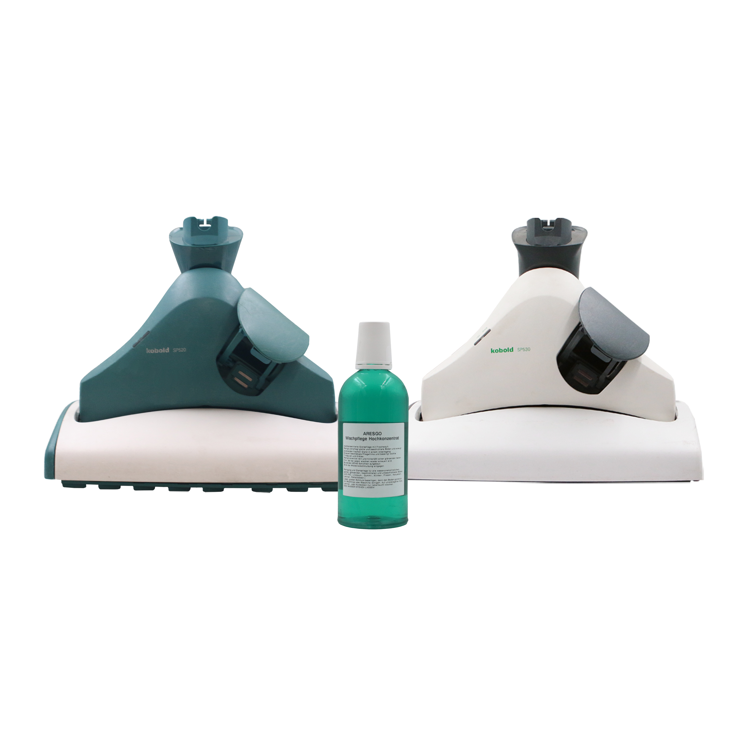 Zwei Staubsaugerköpfe, einer grün und einer weiß, und eine grüne Reinigungsflasche.