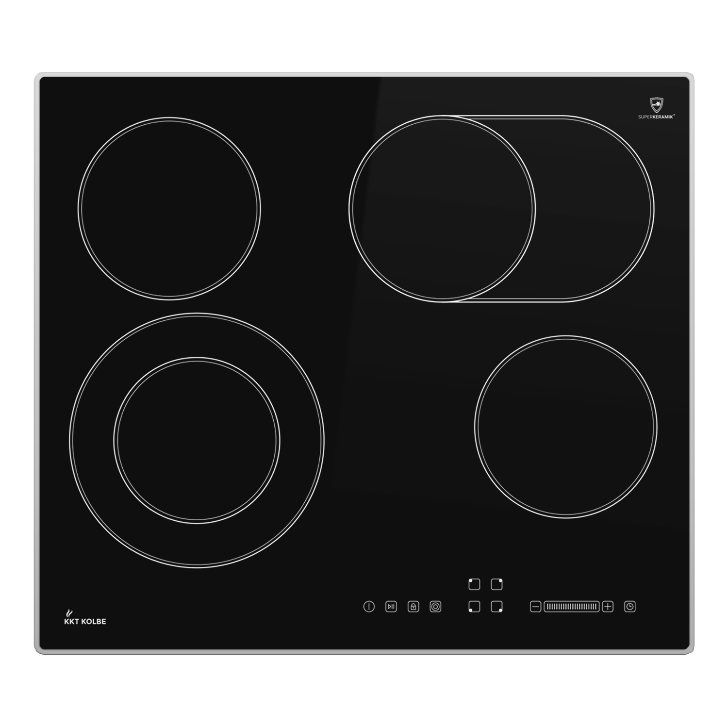 Ein elegantes schwarzes Keramikkochfeld mit vier kreisförmigen Heizzonen und einem minimalen digitalen Bedienfeld wird angezeigt.