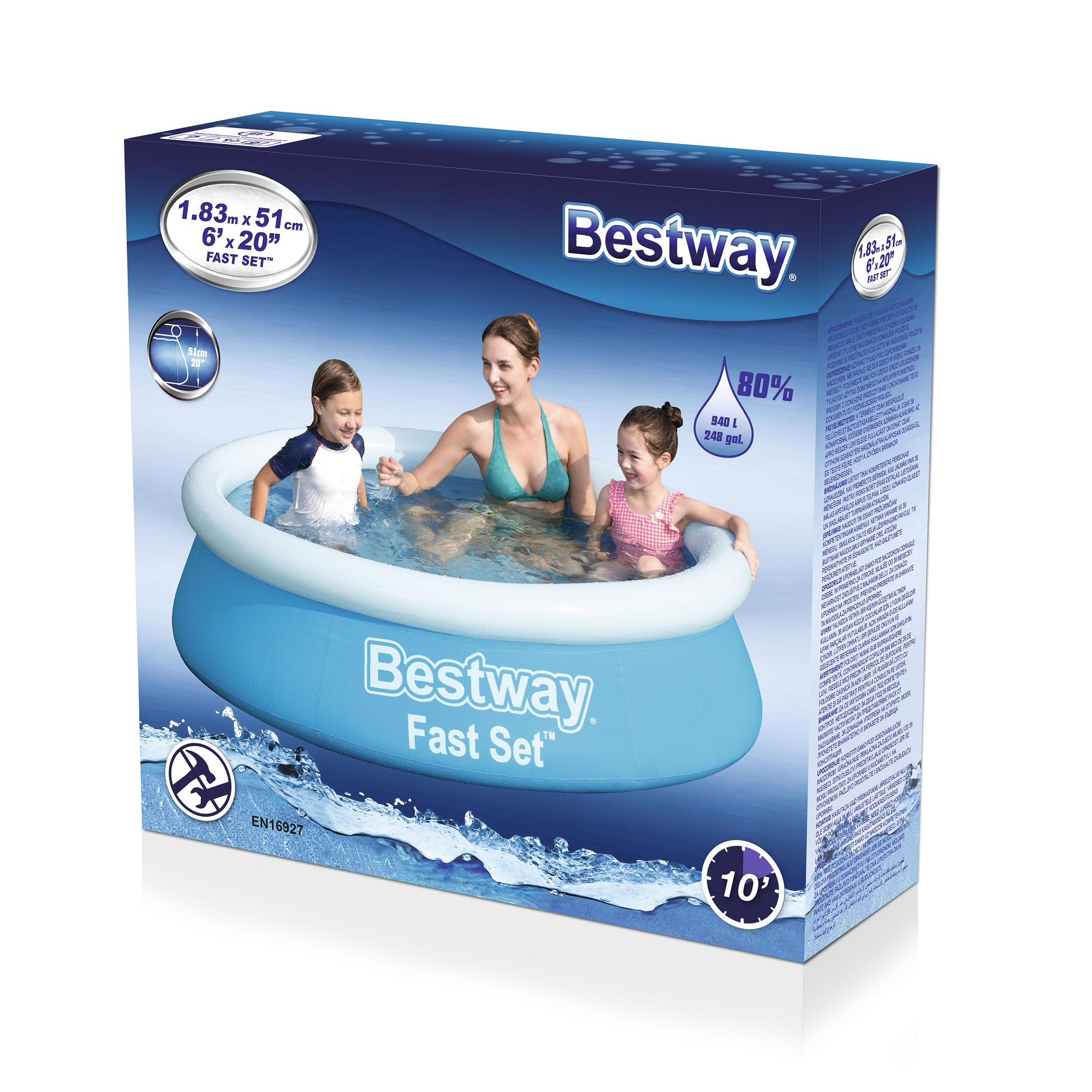 Ein aufblasbarer Bestway-Pool mit drei Personen darin, auf weißem Hintergrund.