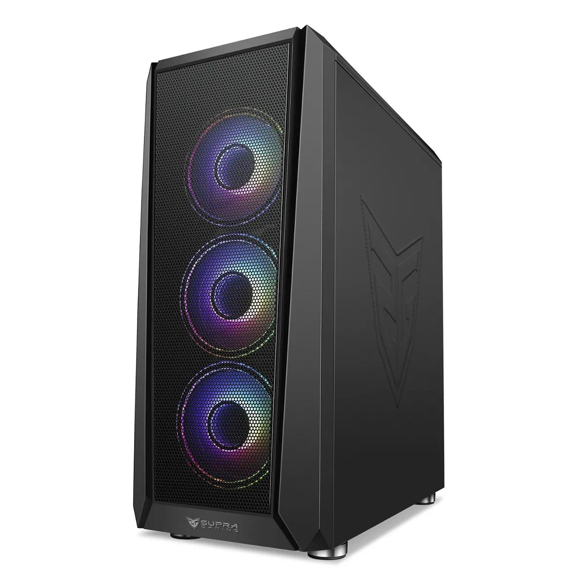 Caja de computadora negra con ventiladores RGB y el logo Supra, sobre fondo blanco.
