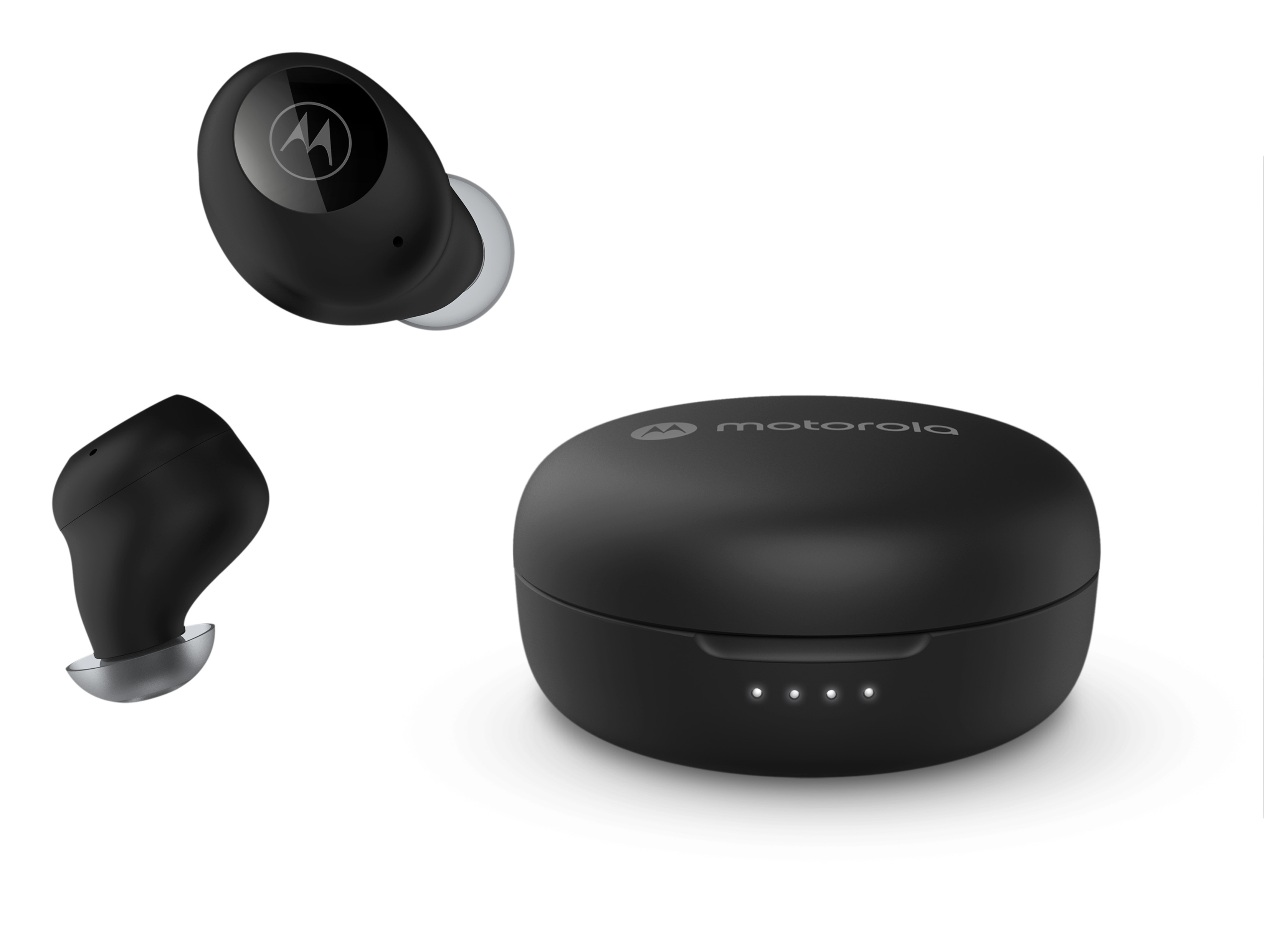 Auricolari wireless neri e la loro custodia di ricarica, presentati su una superficie bianca.