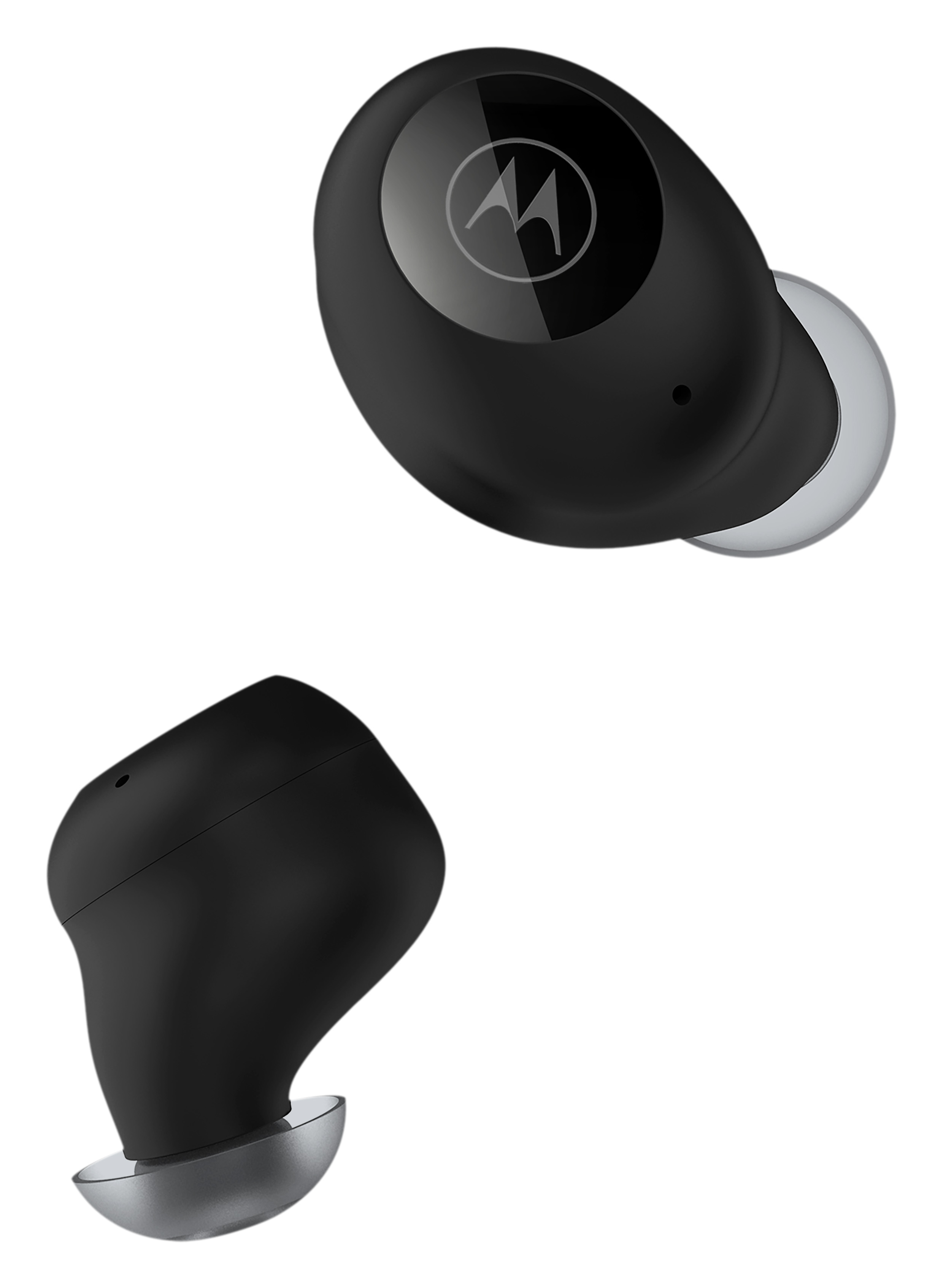 Due auricolari neri Motorola, uno mostra una punta argentata. L'altro auricolare è angolato.