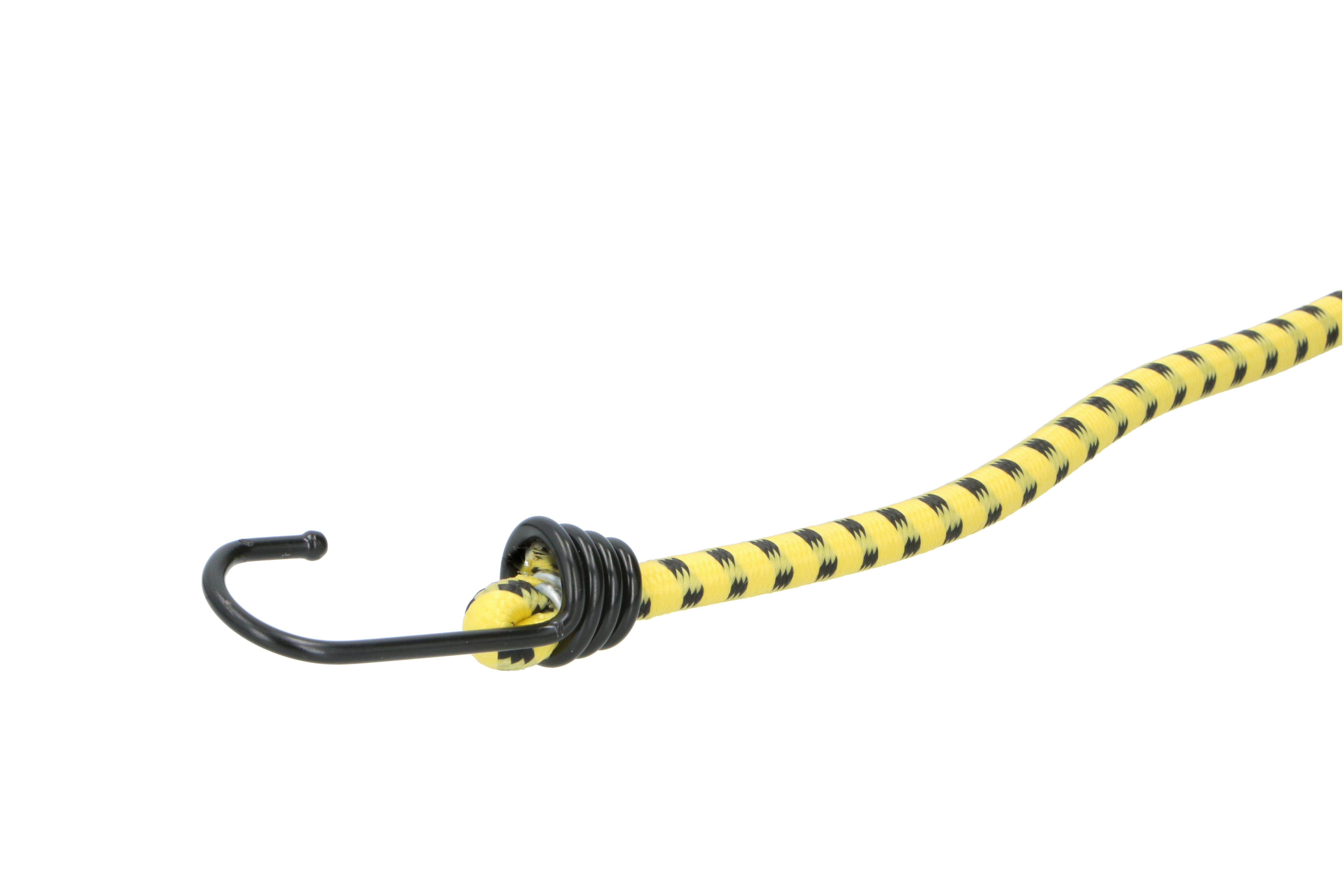 Geel en zwart bungee-koord met haak. Geïsoleerd op een zwarte achtergrond.