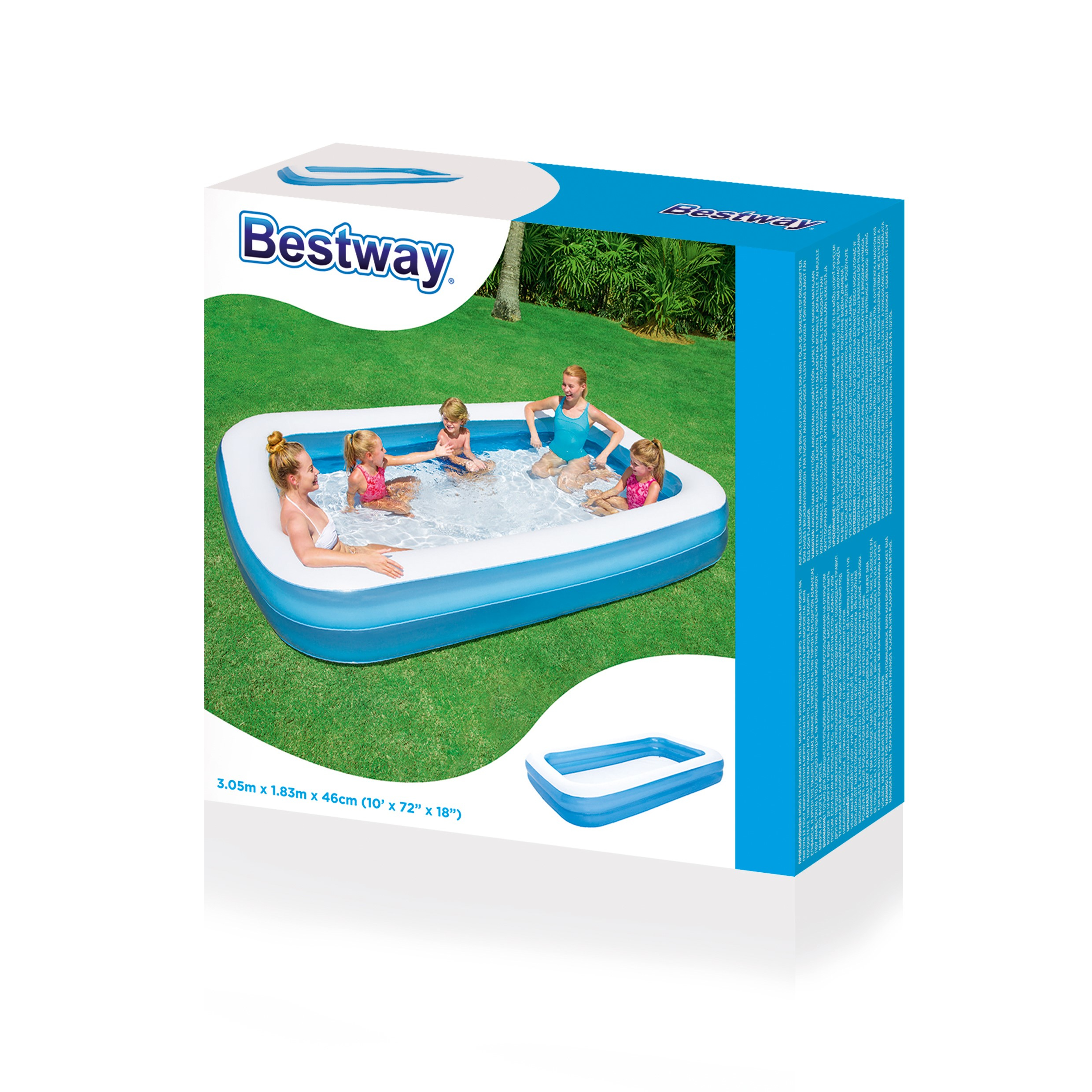 Een doos toont mensen in een zwembad. De doos is blauw en wit en heeft het Bestway-logo.