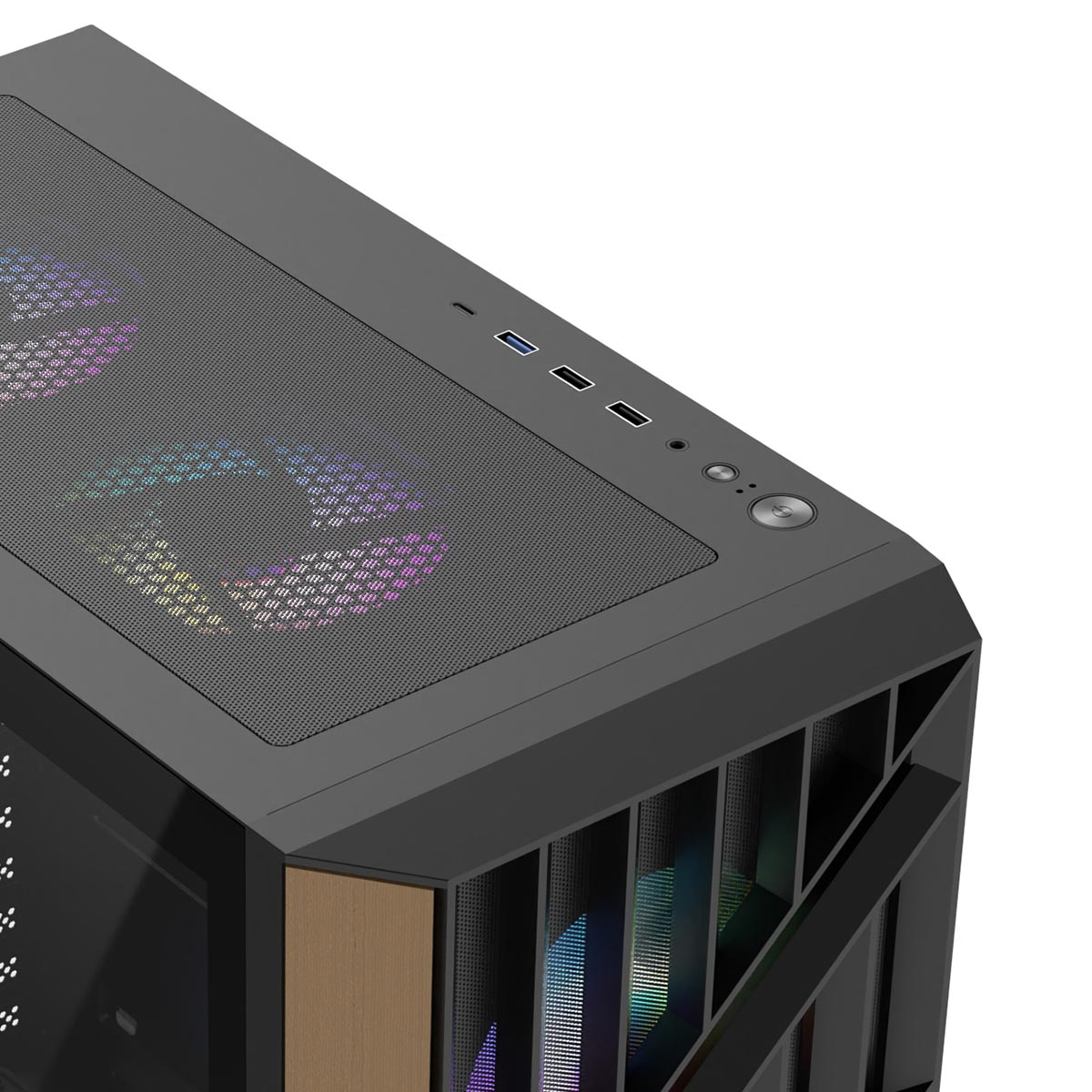 Primo piano della parte superiore di un case per computer con porte e ventole.