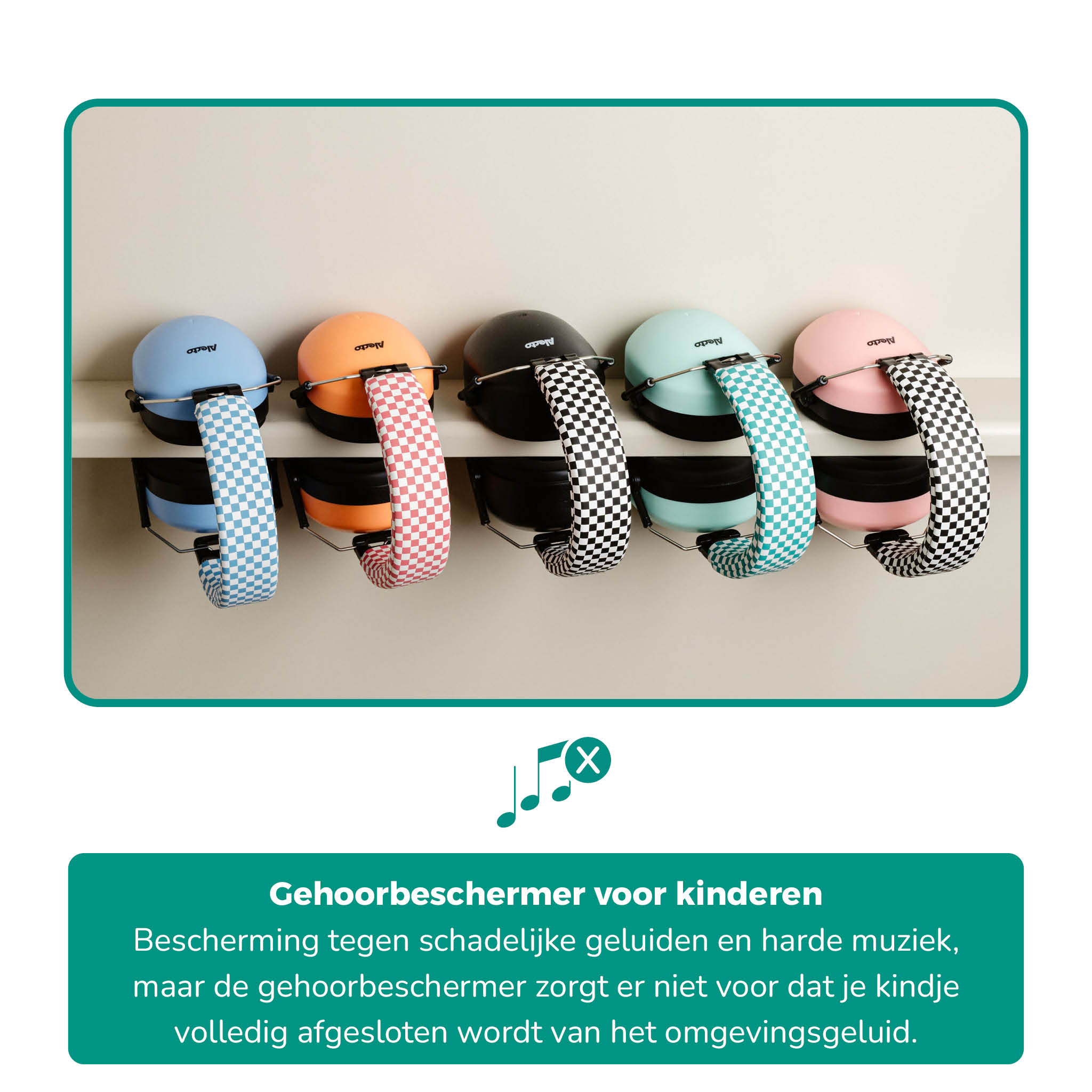 Five colorful ear protectors for children. Each has a different color and a checkered band.