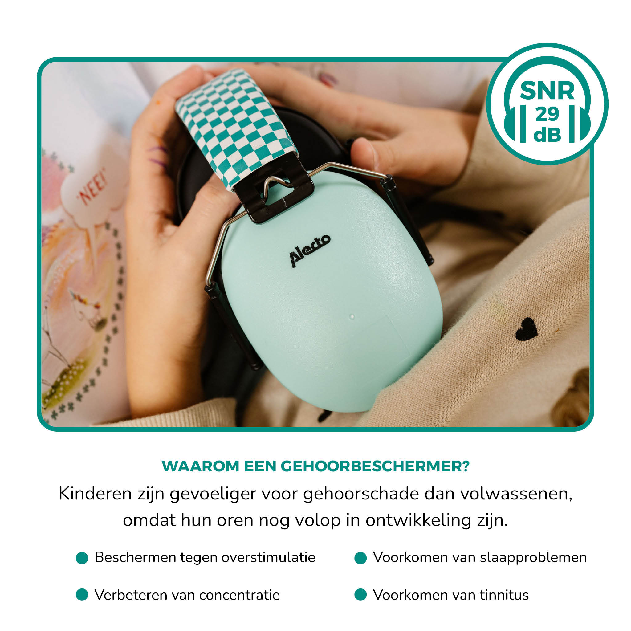 A child wears blue ear protectors. The background shows text and a green SNR 29 dB label.