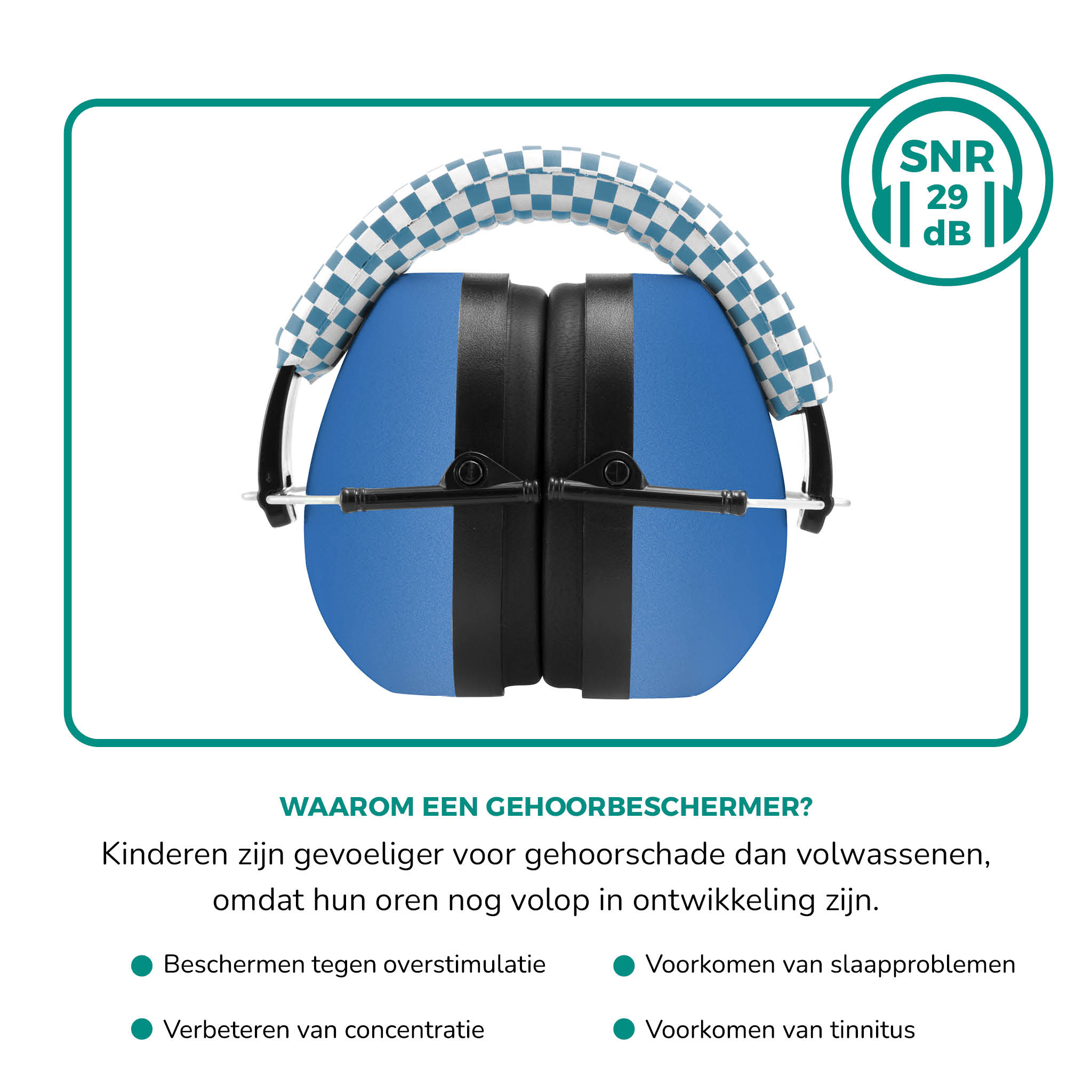 Blue and black ear defenders with a checkered headband, and information about hearing protection.
