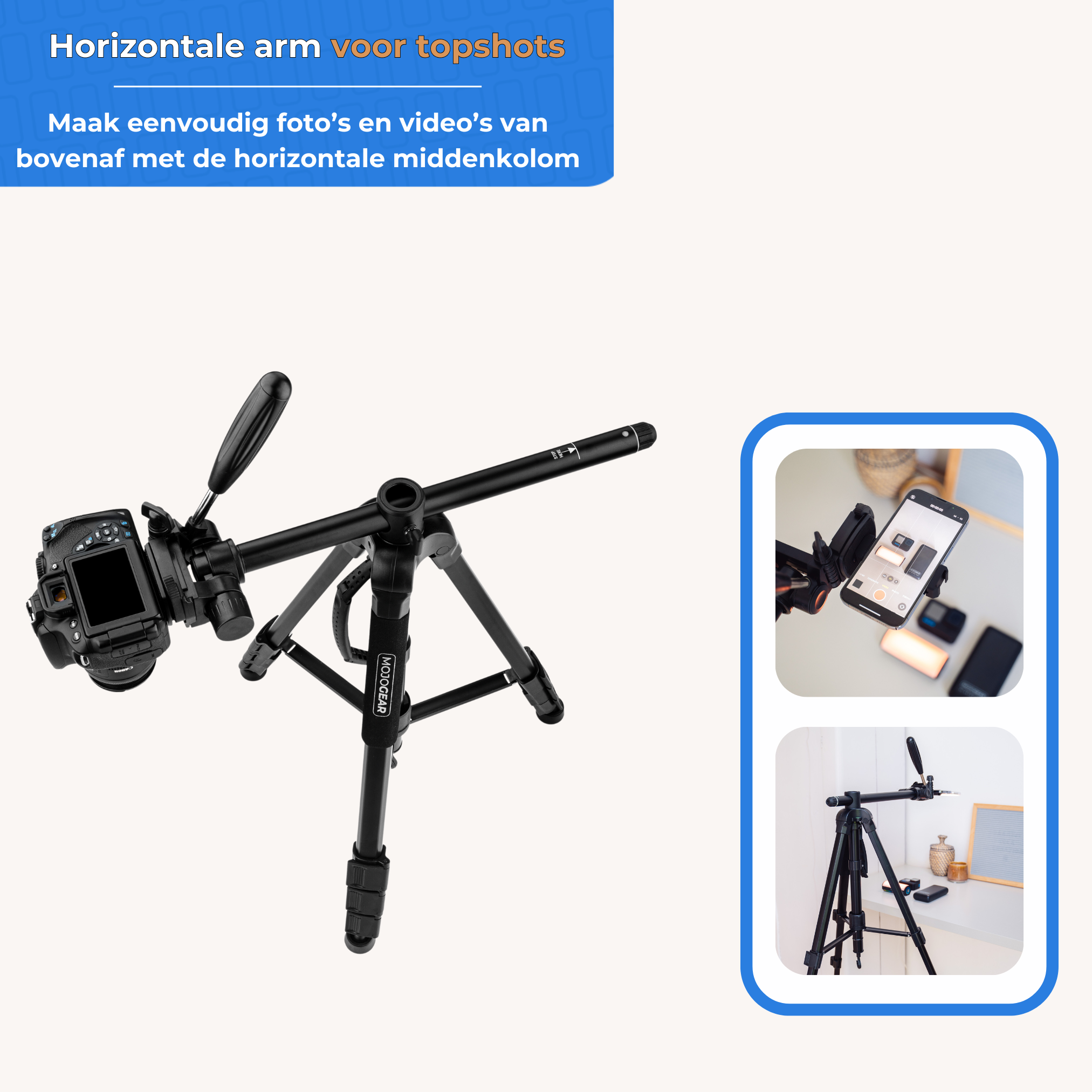 A black tripod with a camera on it, and two smaller images of the tripod and a phone.