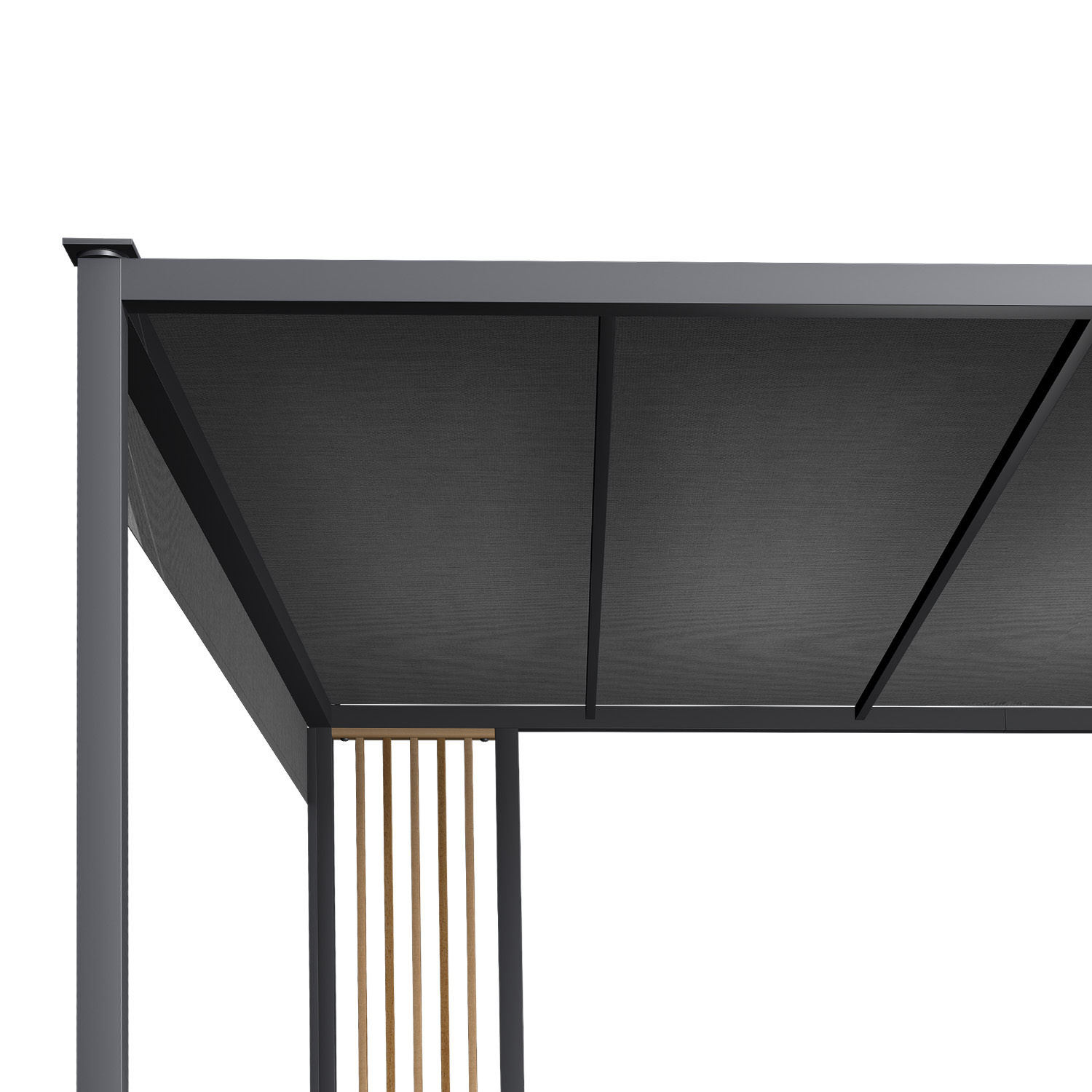 Teil einer grauen Pergola mit schwarzem Dach und Holzstützen.