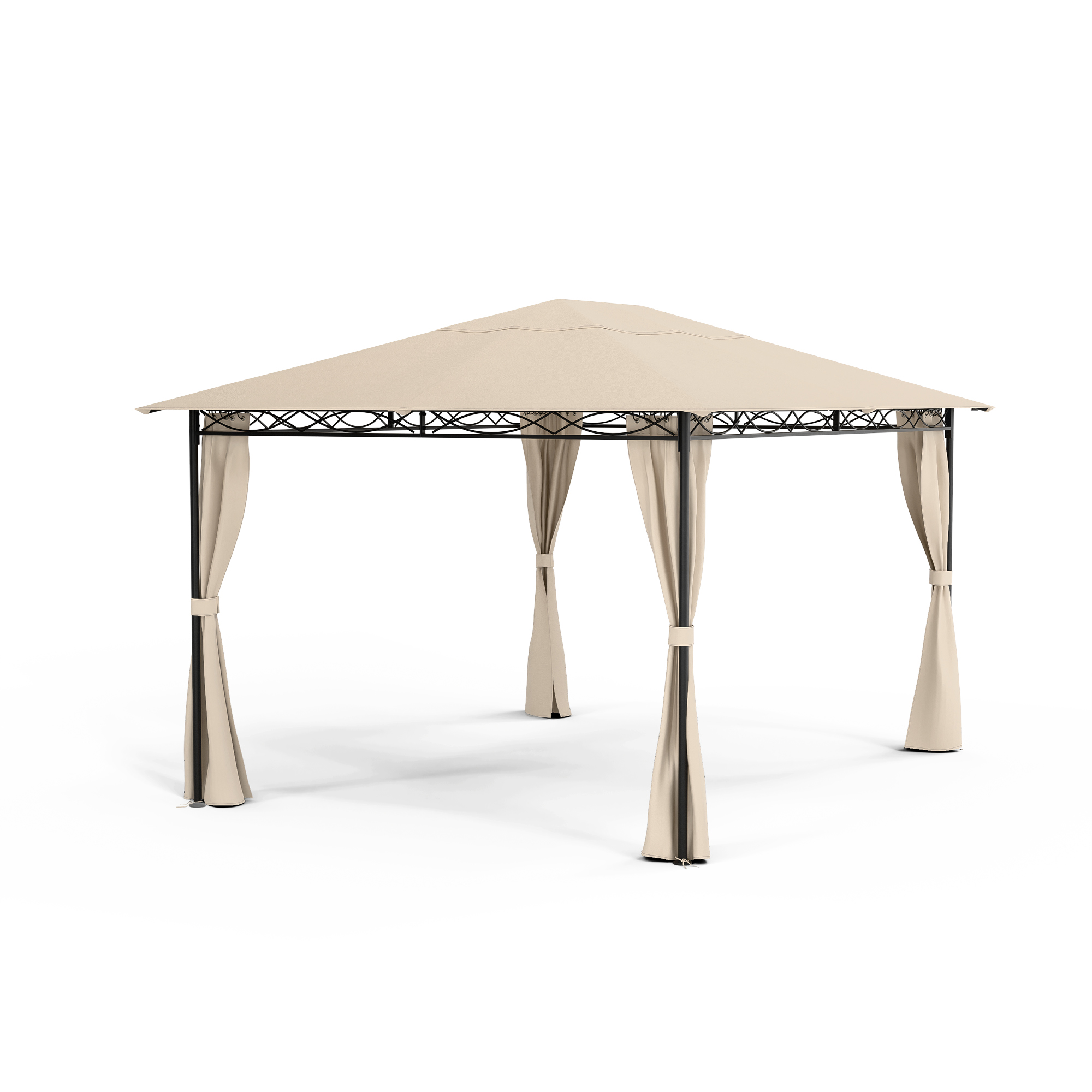 Gazebo beige con tende su sfondo bianco.