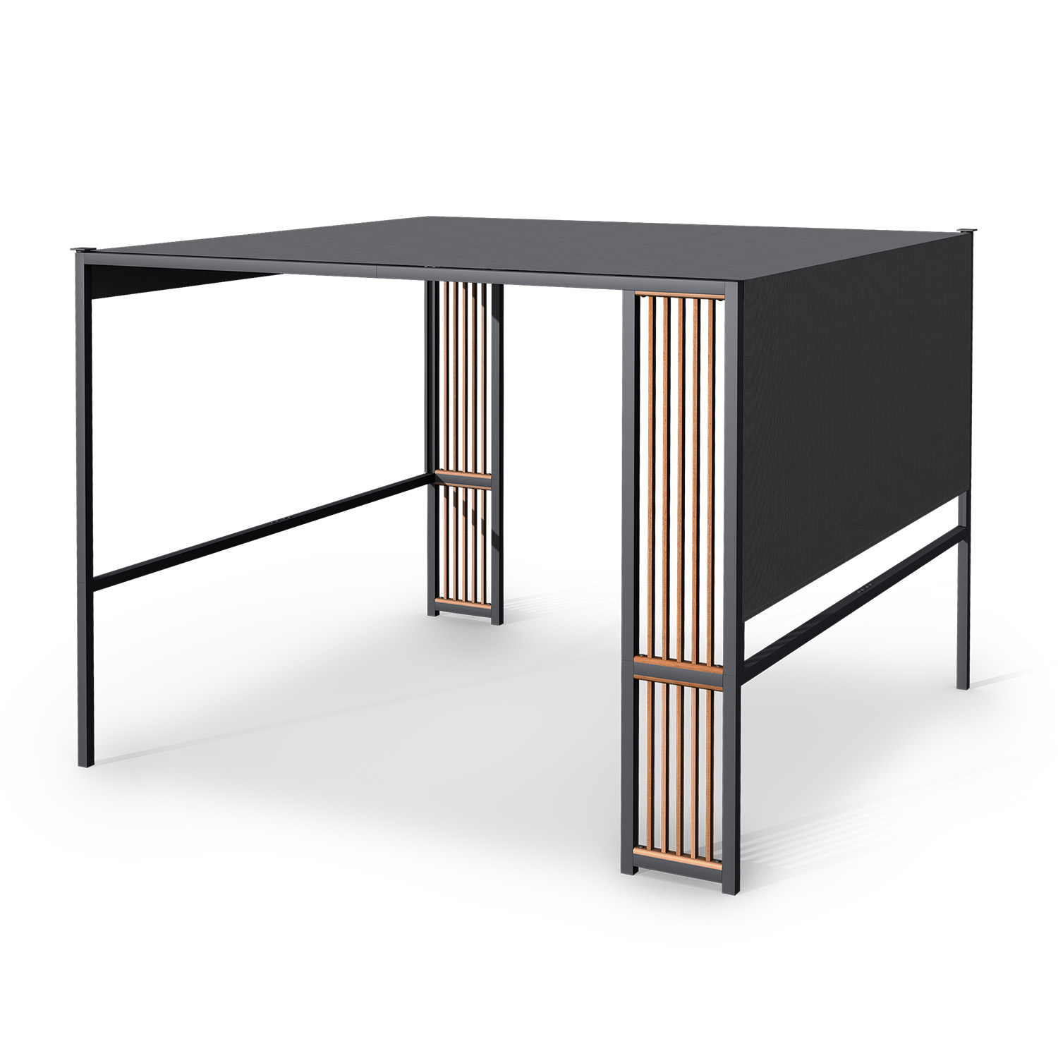 Eine schwarze Metallpergola mit schwarzem Stoffdach wird gezeigt. Sie hat ein offenes Design.
