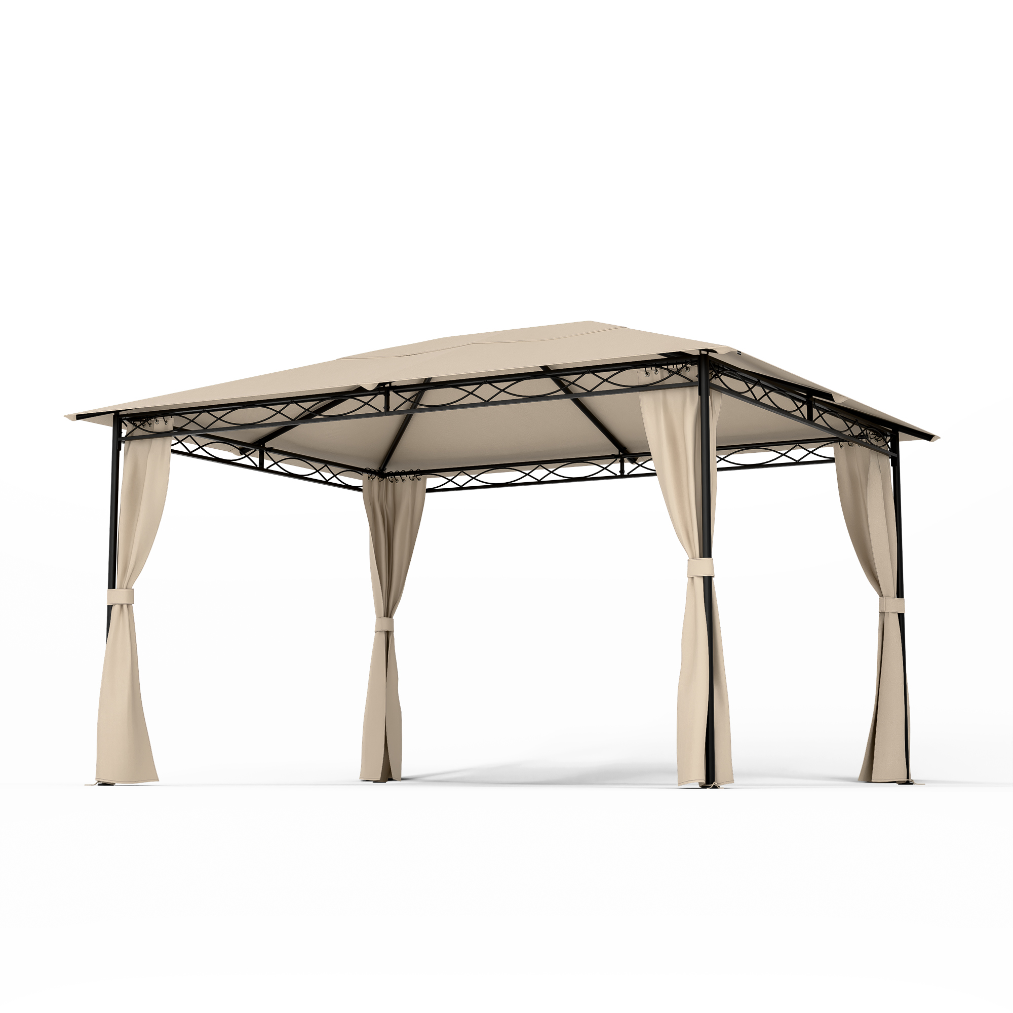 Viene mostrato un gazebo beige con struttura in metallo nero. Le tende pendono ai lati.
