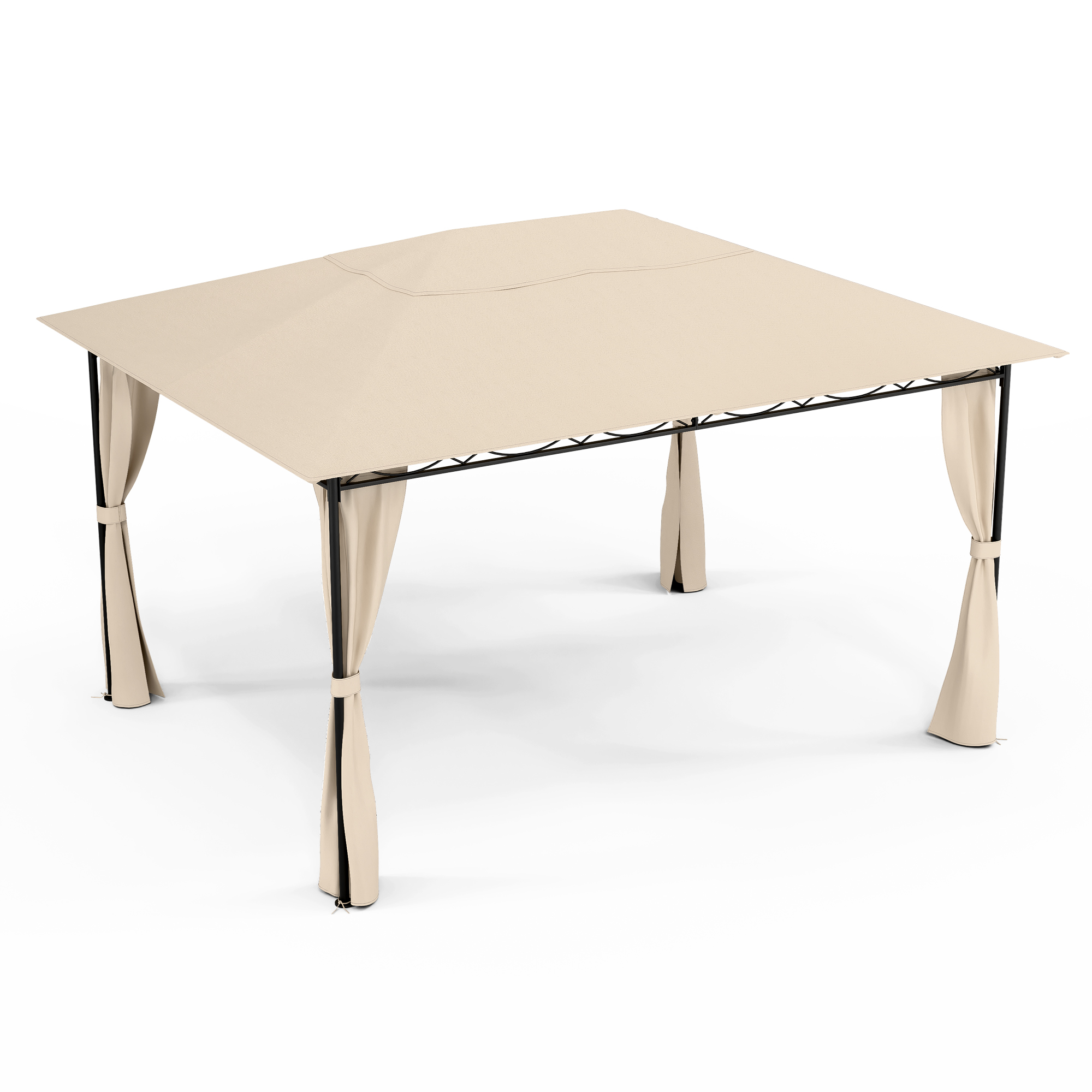 Un gazebo beige con struttura nera e tende beige.