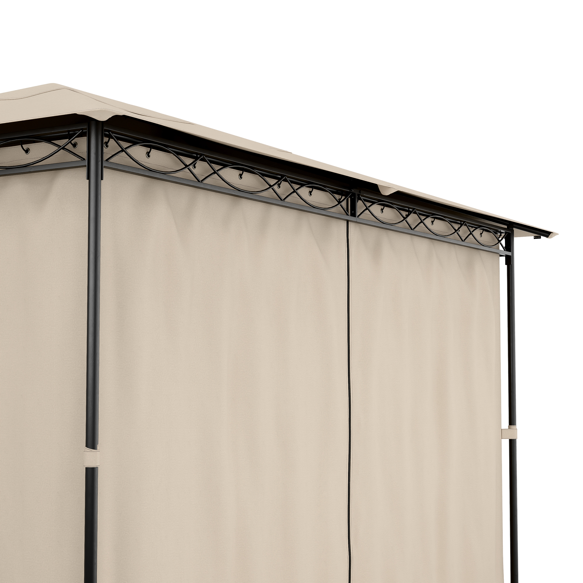 Struttura gazebo con tende in tessuto beige e telaio in metallo nero. Anche la parte superiore è beige.