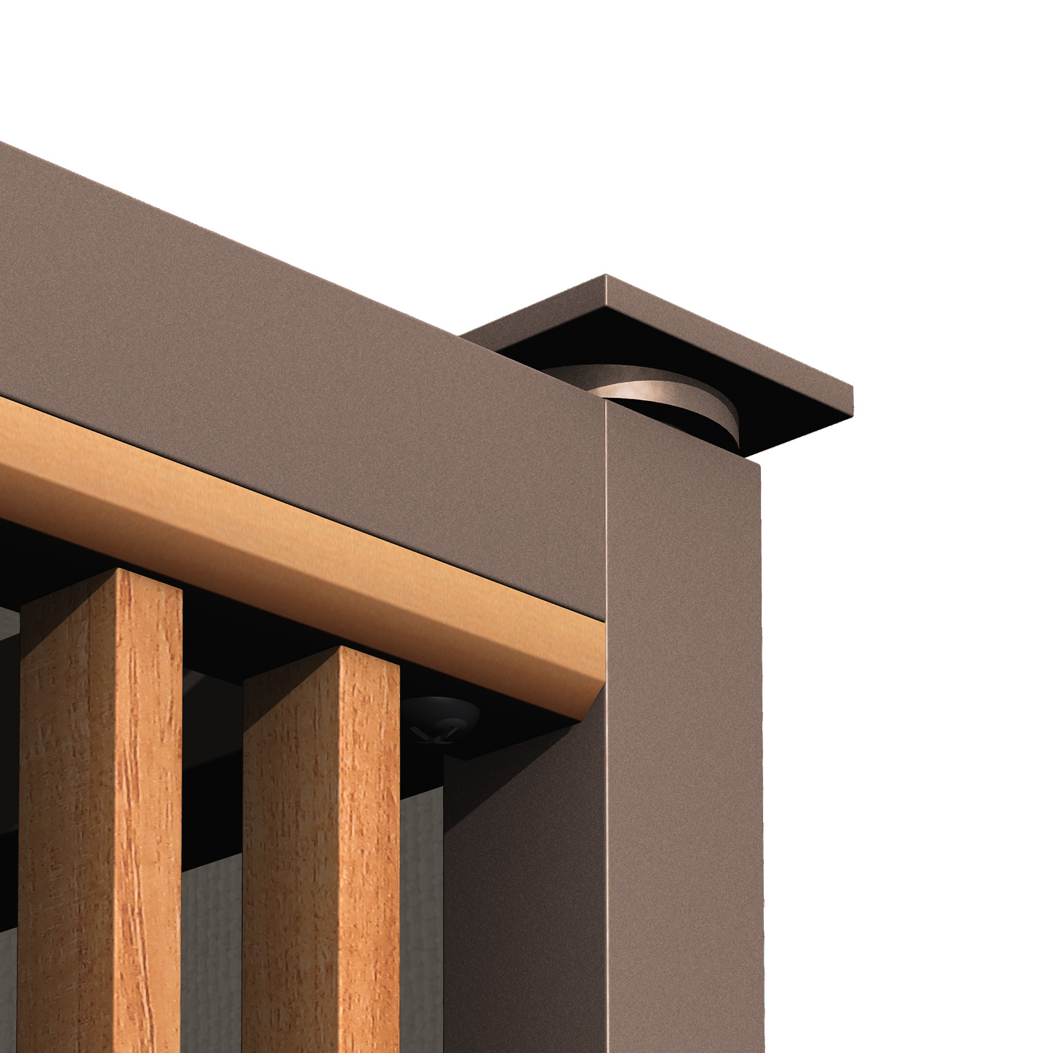 Nahaufnahme eines architektonischen Elements, braun und helles Holz mit quadratischem Deckel.