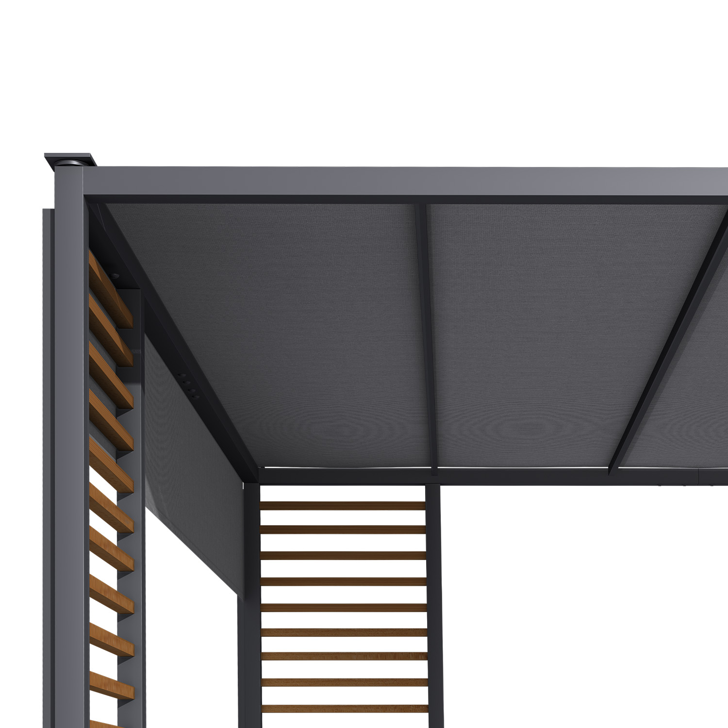 Eine Holz- und Metallpergola mit einem dunklen Stoffdach und Holzlatten.
