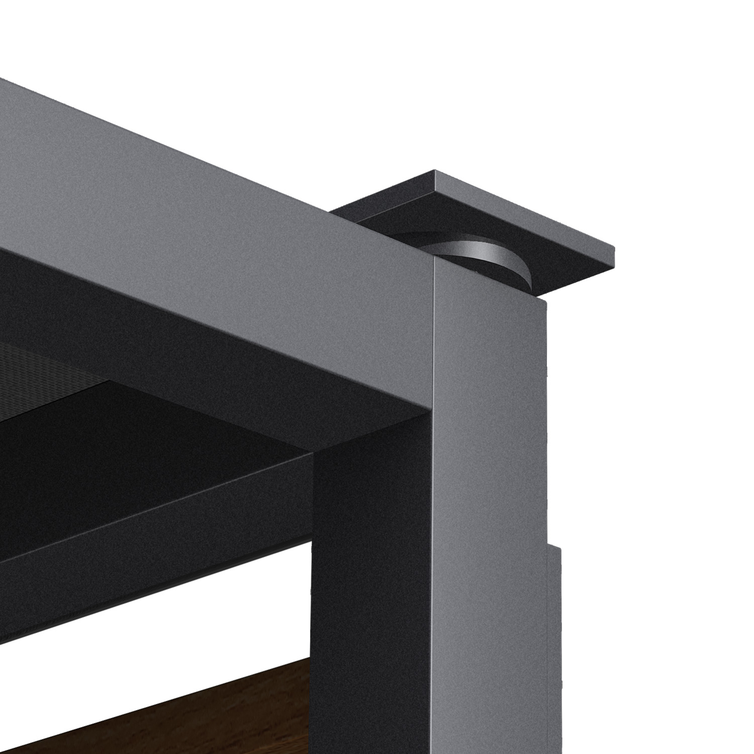 Ecke einer grauen Metallstruktur. Quadratische Oberseite, Zylinderdetail unten. Weißer Hintergrund.