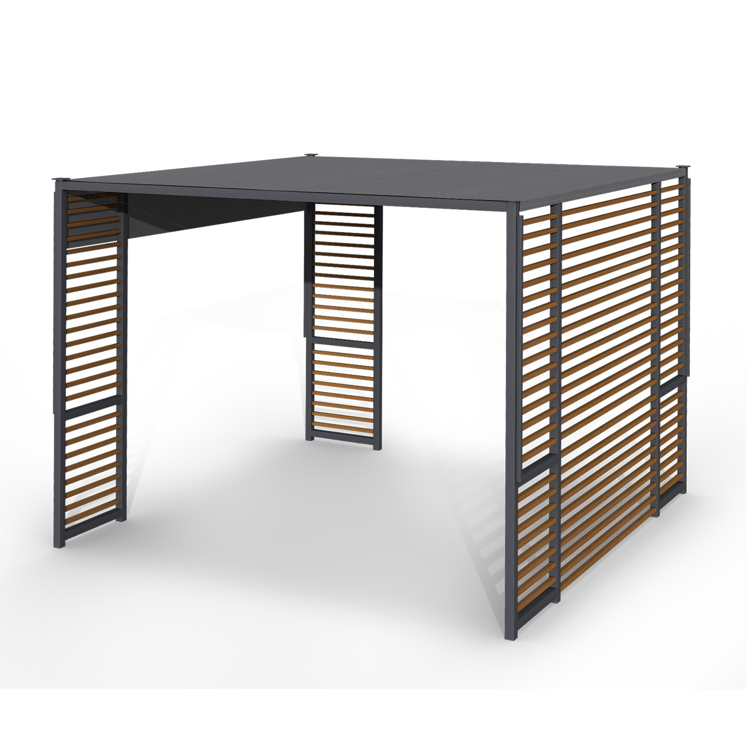 Holzpergola mit dunklem Dach. Sie hat vertikale Holzlatten an den Seiten.