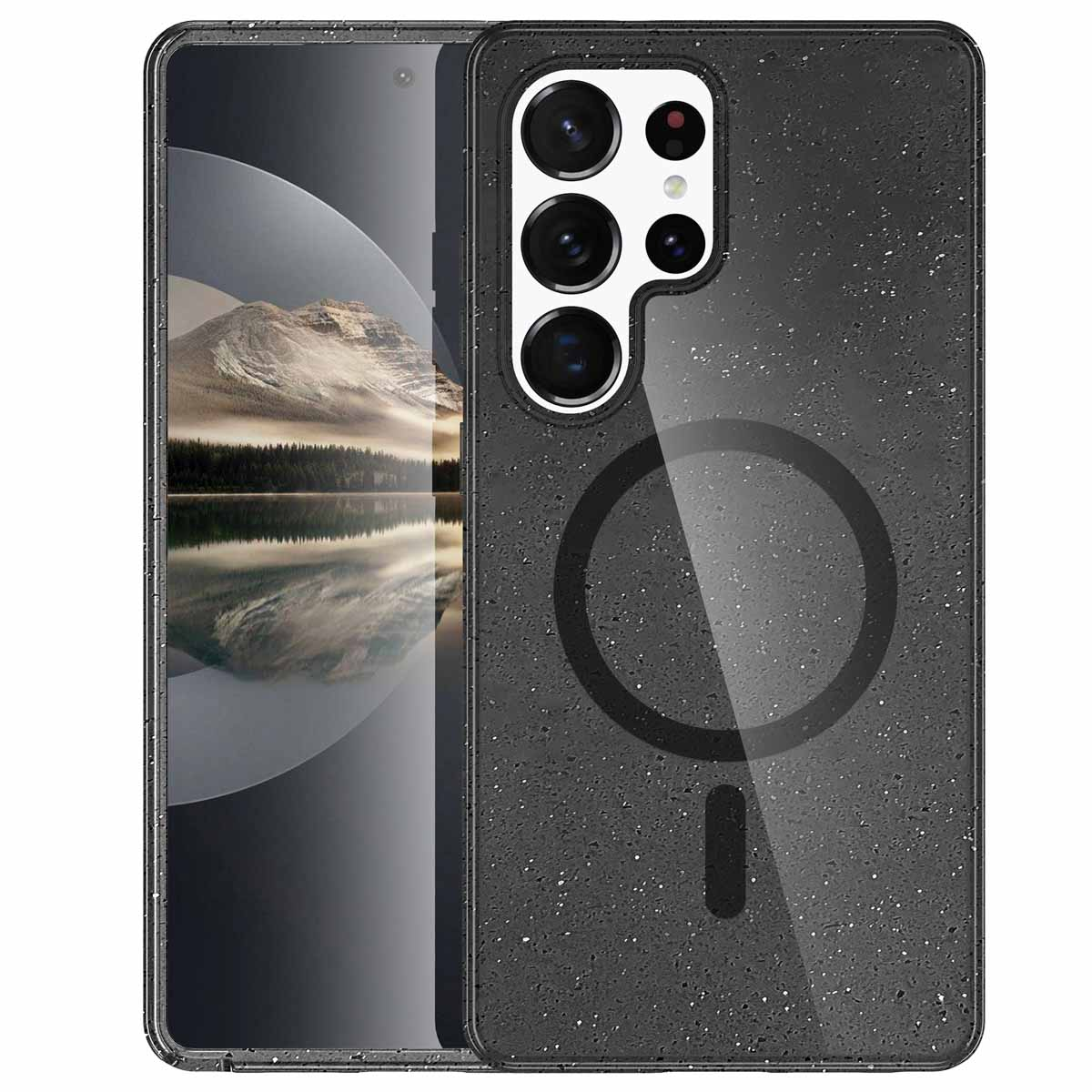 Een zwarte, gespikkelde telefoonhoes met een cirkelvormig kenmerk. Er zit een telefoon in de hoes.