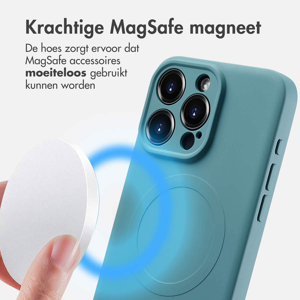 Blauw telefoonhoesje met een witte MagSafe-oplader. De oplader is aan de achterkant bevestigd. Tekst zegt: 'Krachtige MagSafe-magneet'.