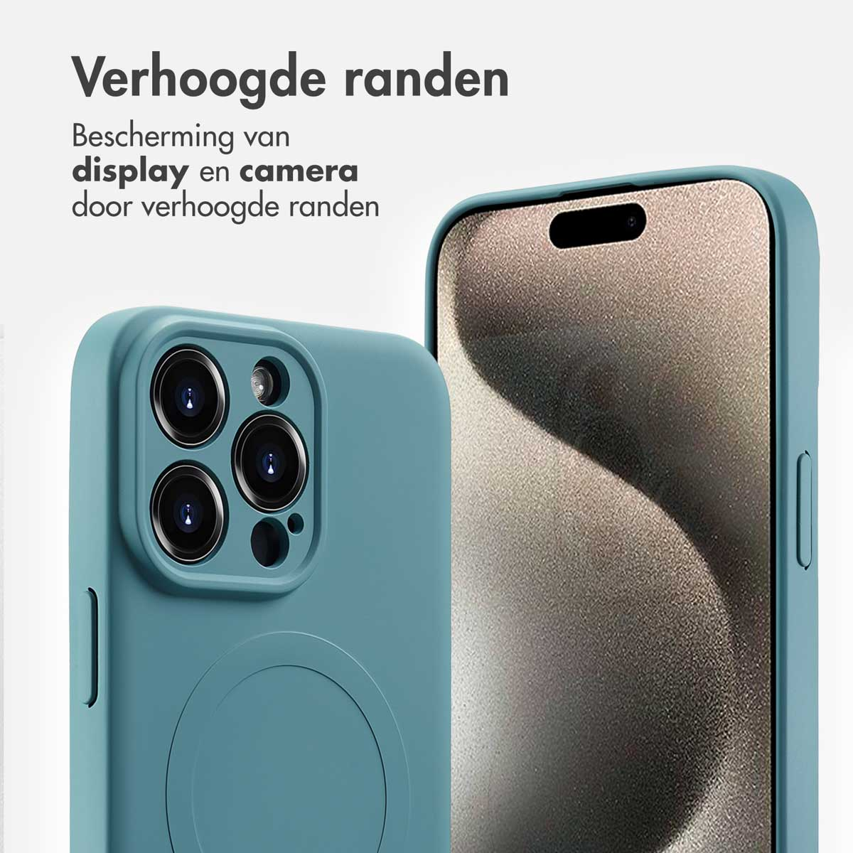Een teal telefoonhoesje met een telefoon ernaast, met het scherm zichtbaar.