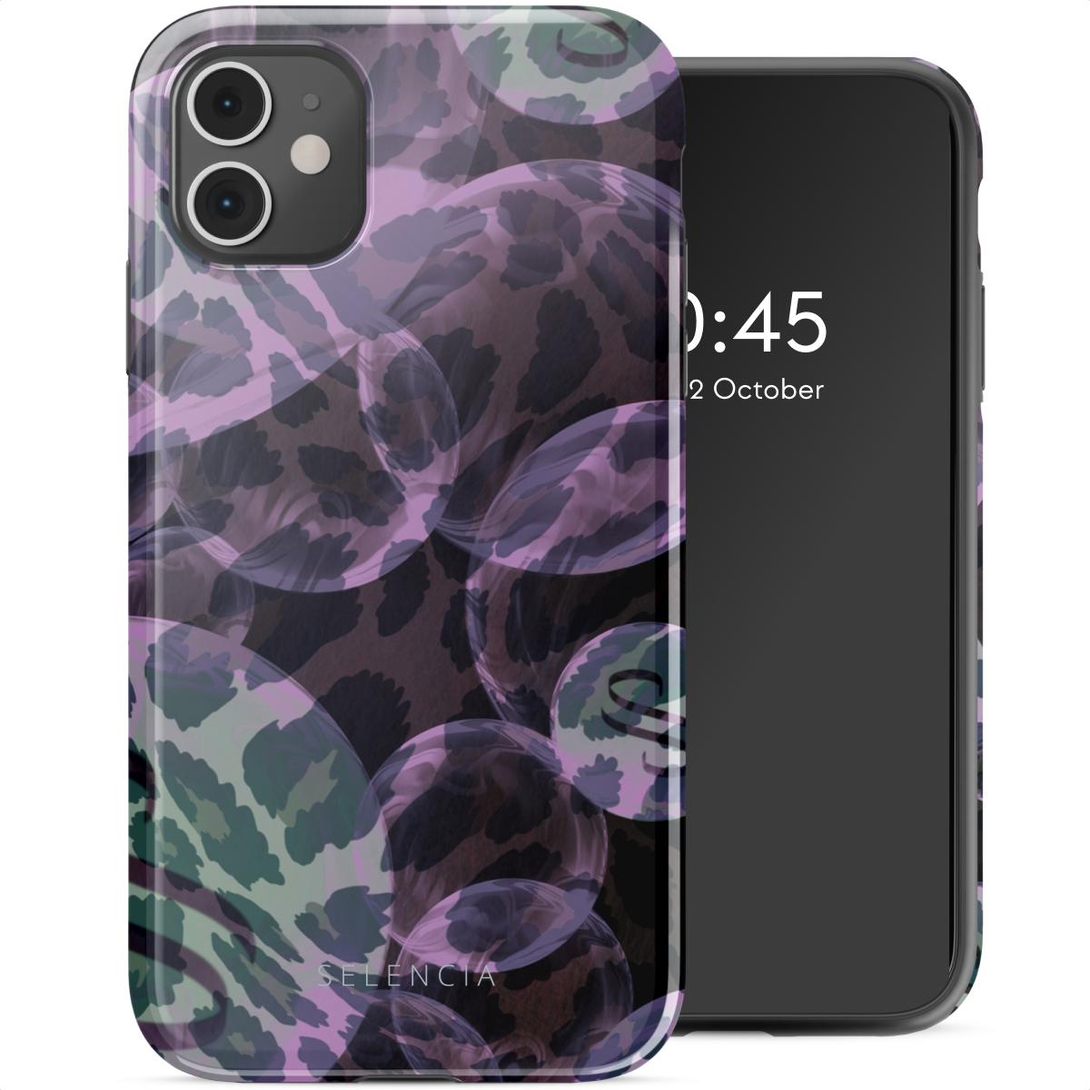 iPhone in hoesje met bubbels en luipaardprint. Tweede telefoon heeft zwart scherm. Donkere achtergrond.